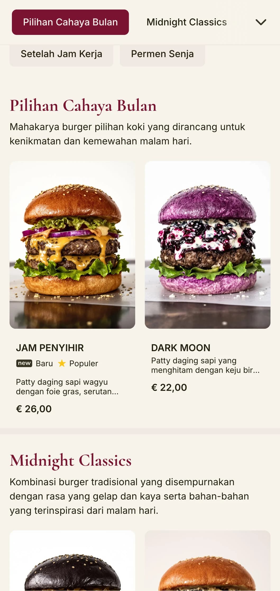 Lounge burger premium larut malam dengan beludru gelap dan suasana misterius.