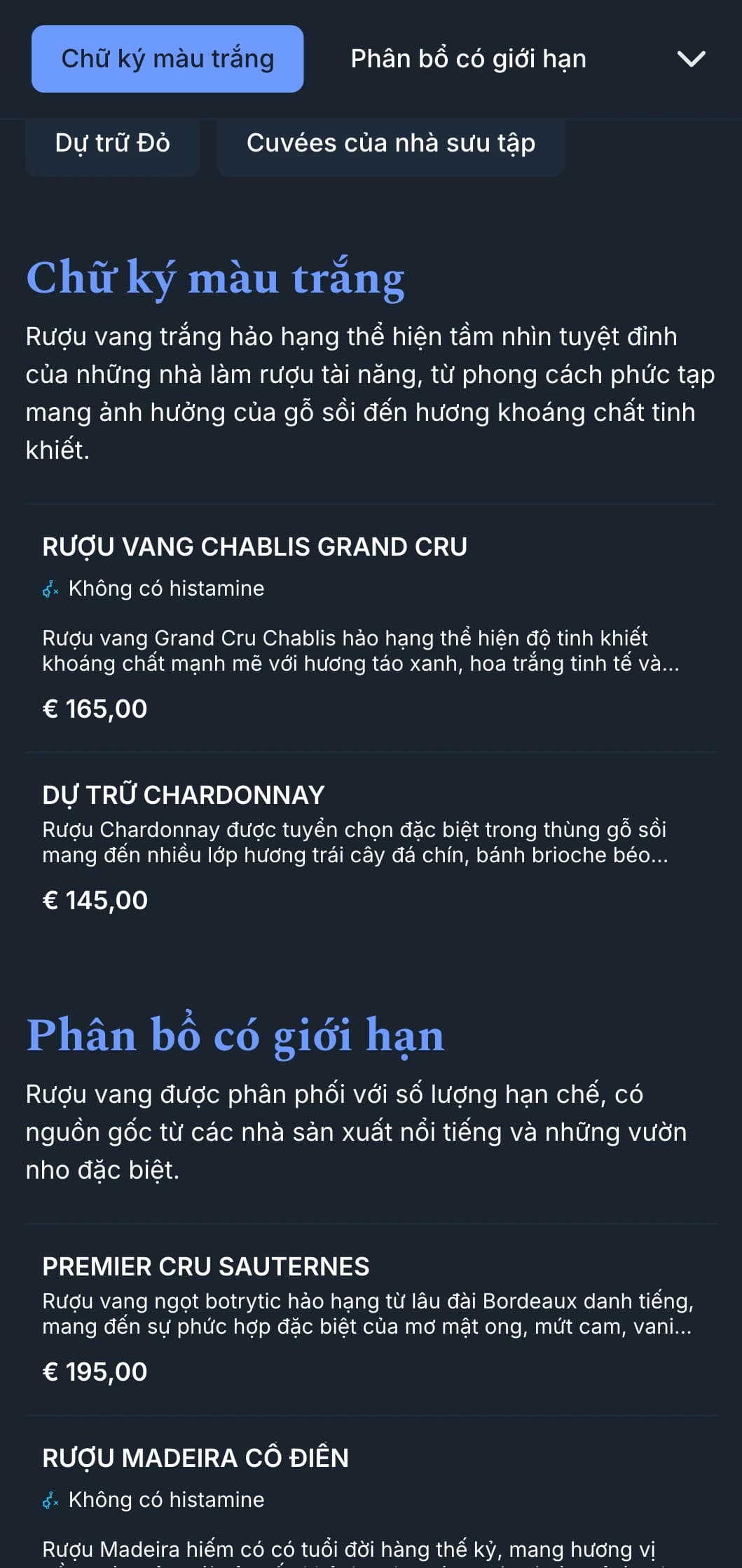 Mẫu danh sách rượu vang tinh tế với điểm nhấn màu xanh nổi bật trên nền xanh navy, lý tưởng cho các quán bar rượu vang cao cấp và các cơ sở phục vụ buổi tối.