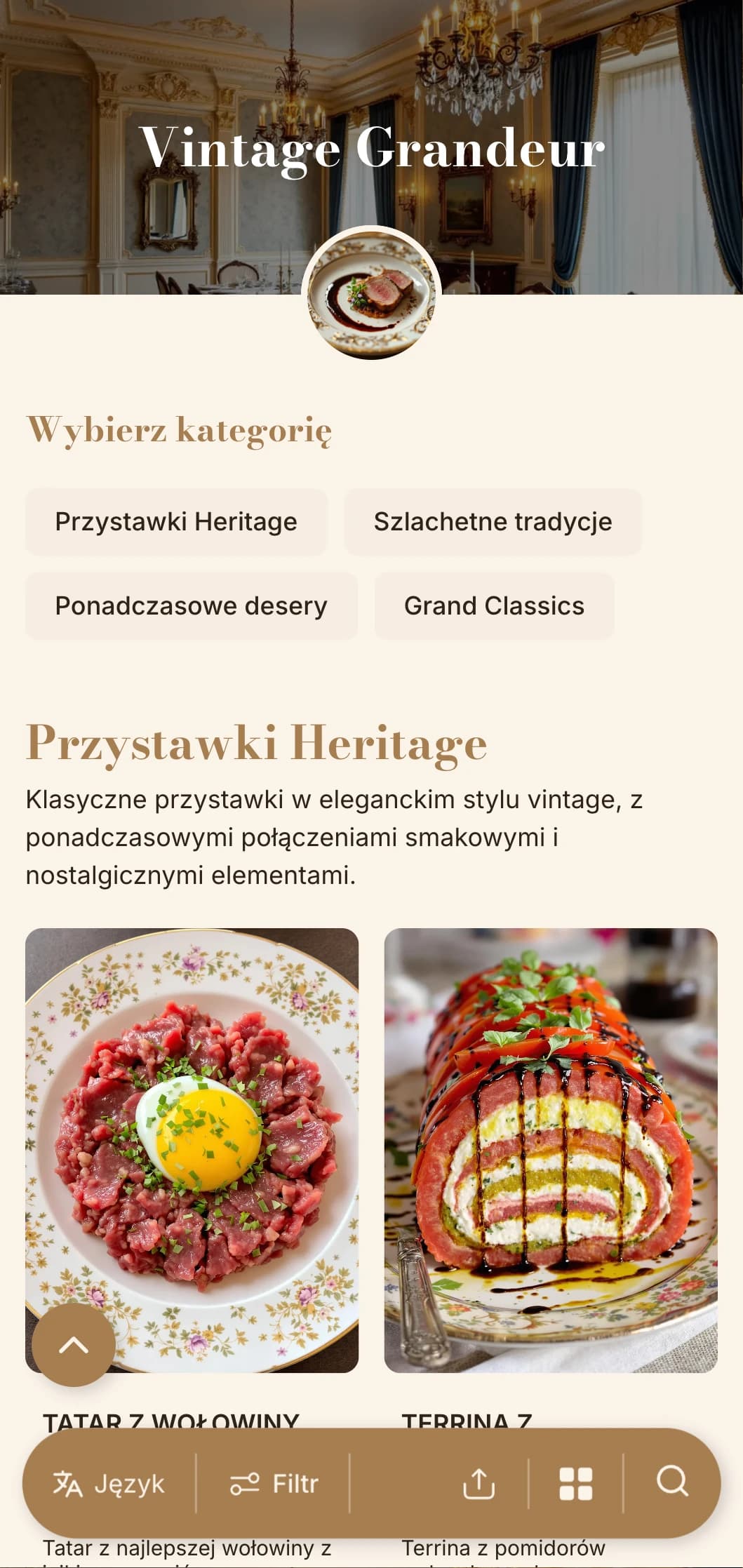 Nostalgiczne wyrafinowanie z typografią inspirowaną stylem vintage i paletą kolorów, idealne dla lokali o historycznym charakterze.