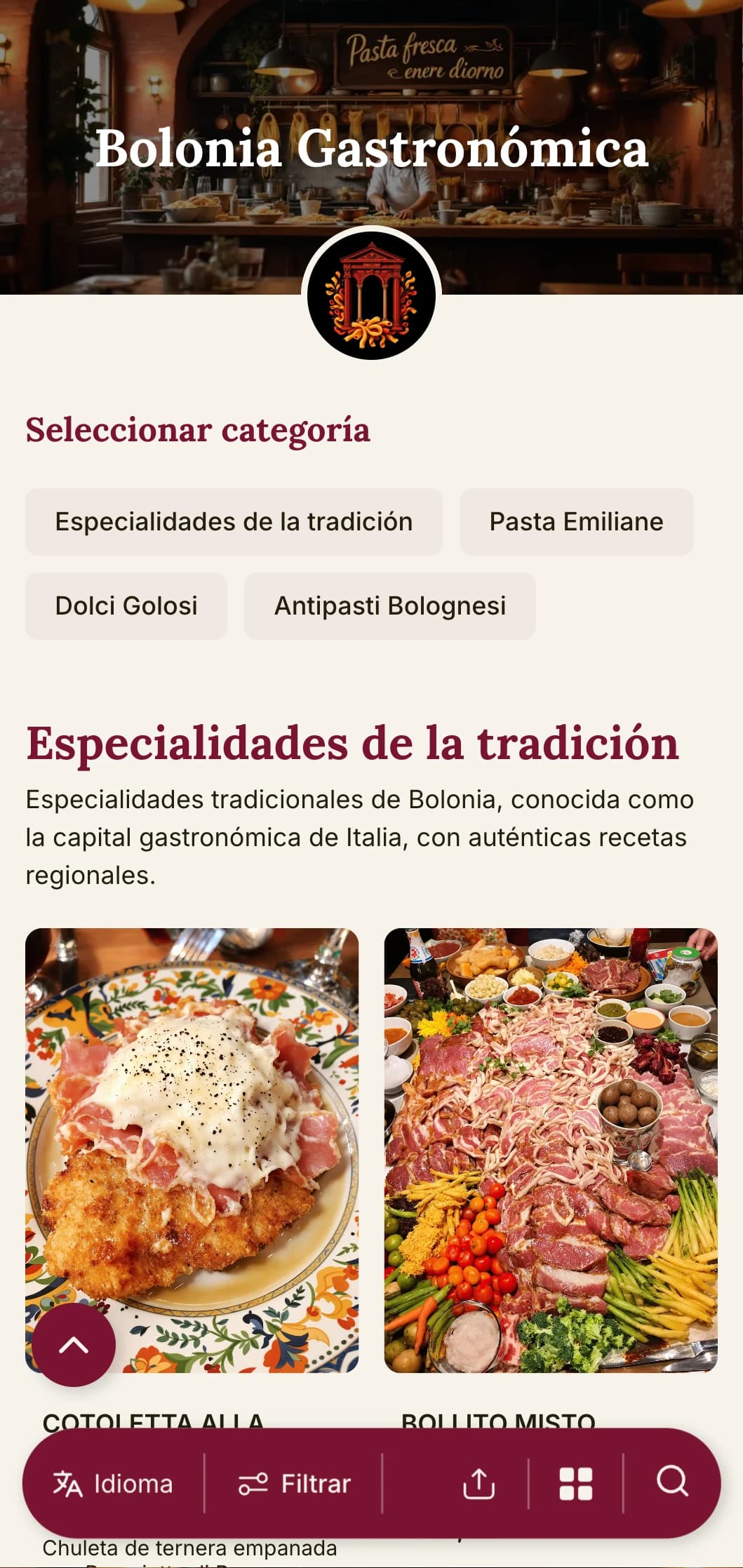 Diseño rico y acogedor con rojos intensos y elementos tradicionales que celebran la reputación de Bolonia como capital gastronómica de Italia.