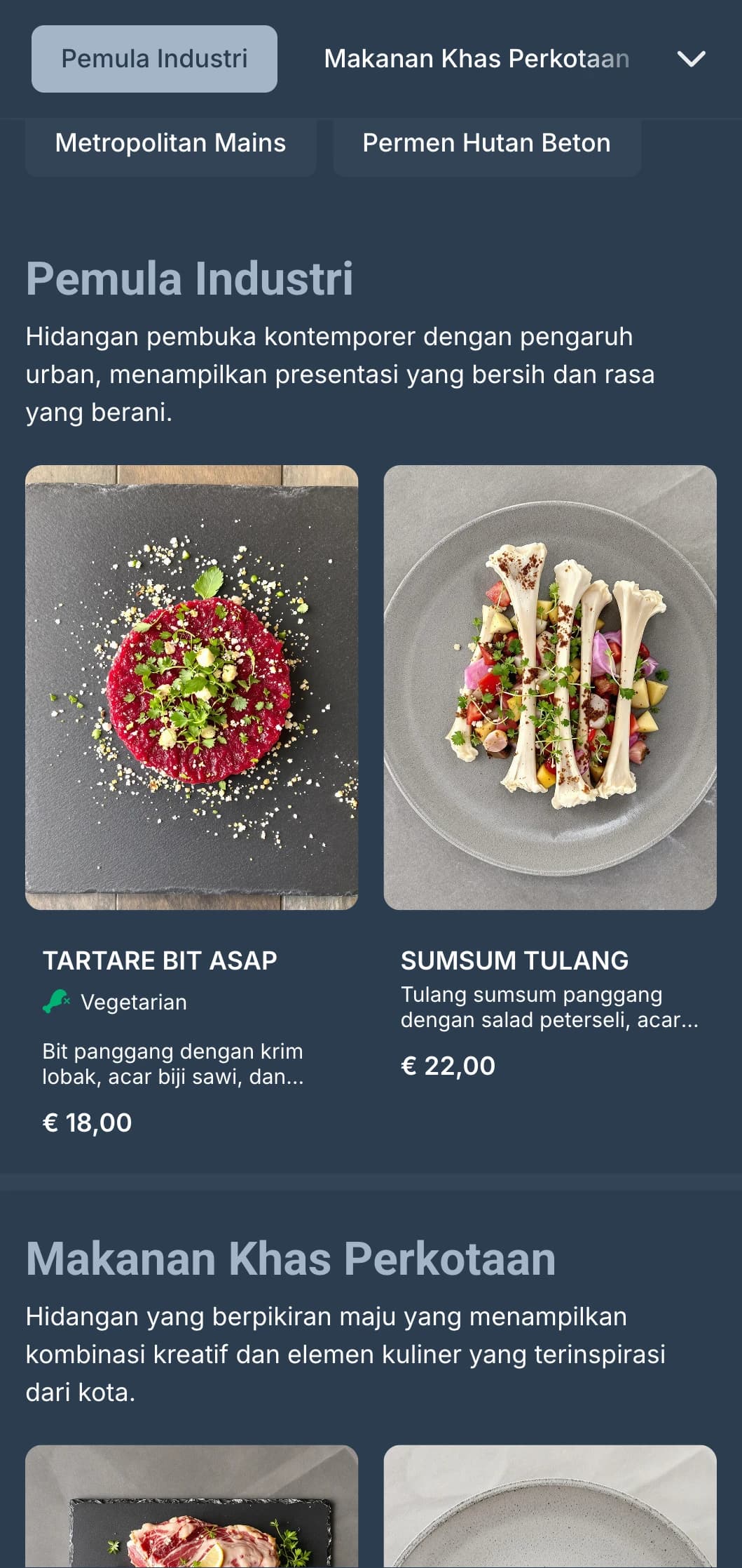 Menu makan malam kontemporer dengan elemen desain industrial dan estetika perkotaan, ideal untuk gastropub kota.