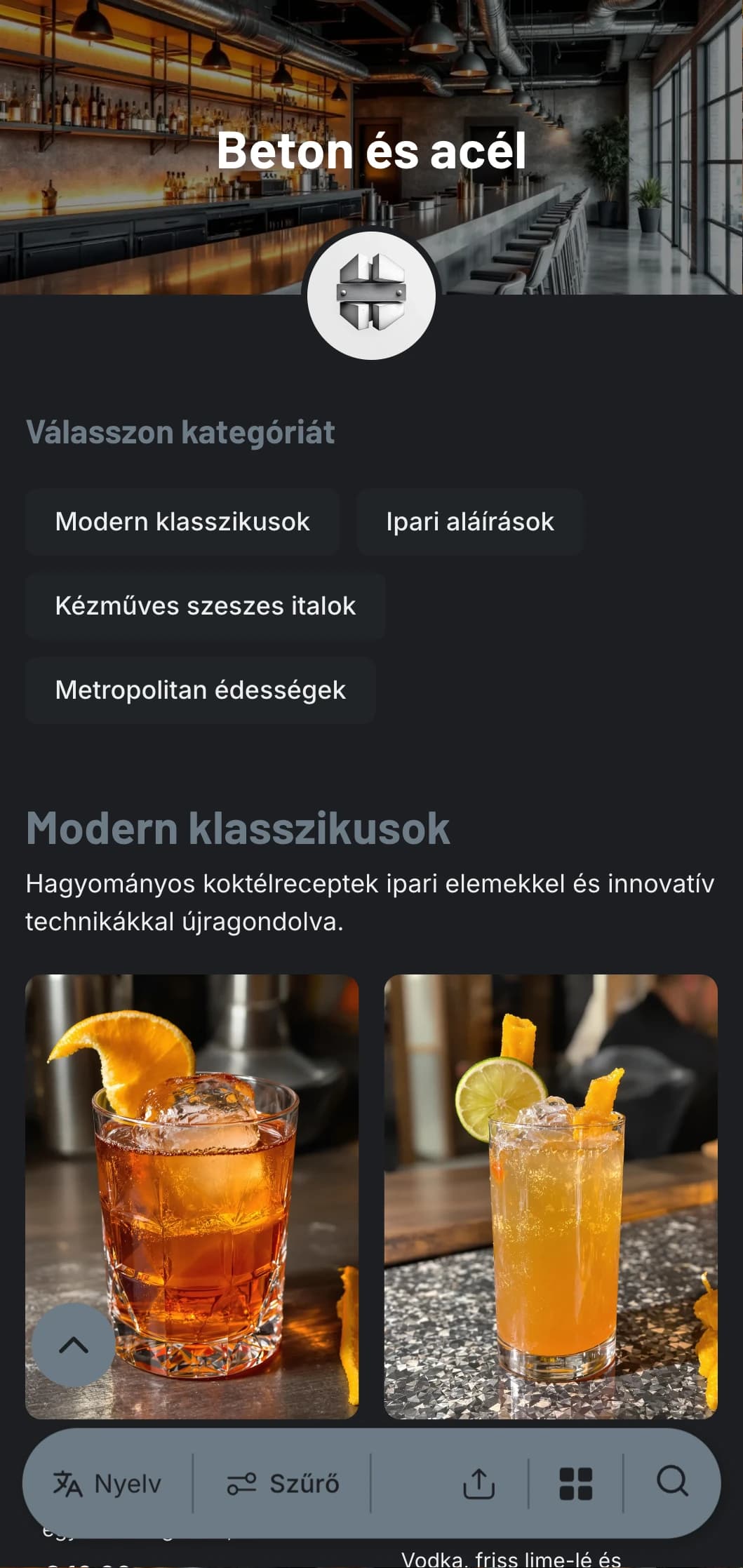 Ipari, városi design kortárs bárok számára, betontextúrákkal és acél elemekkel, letisztult tipográfiával.