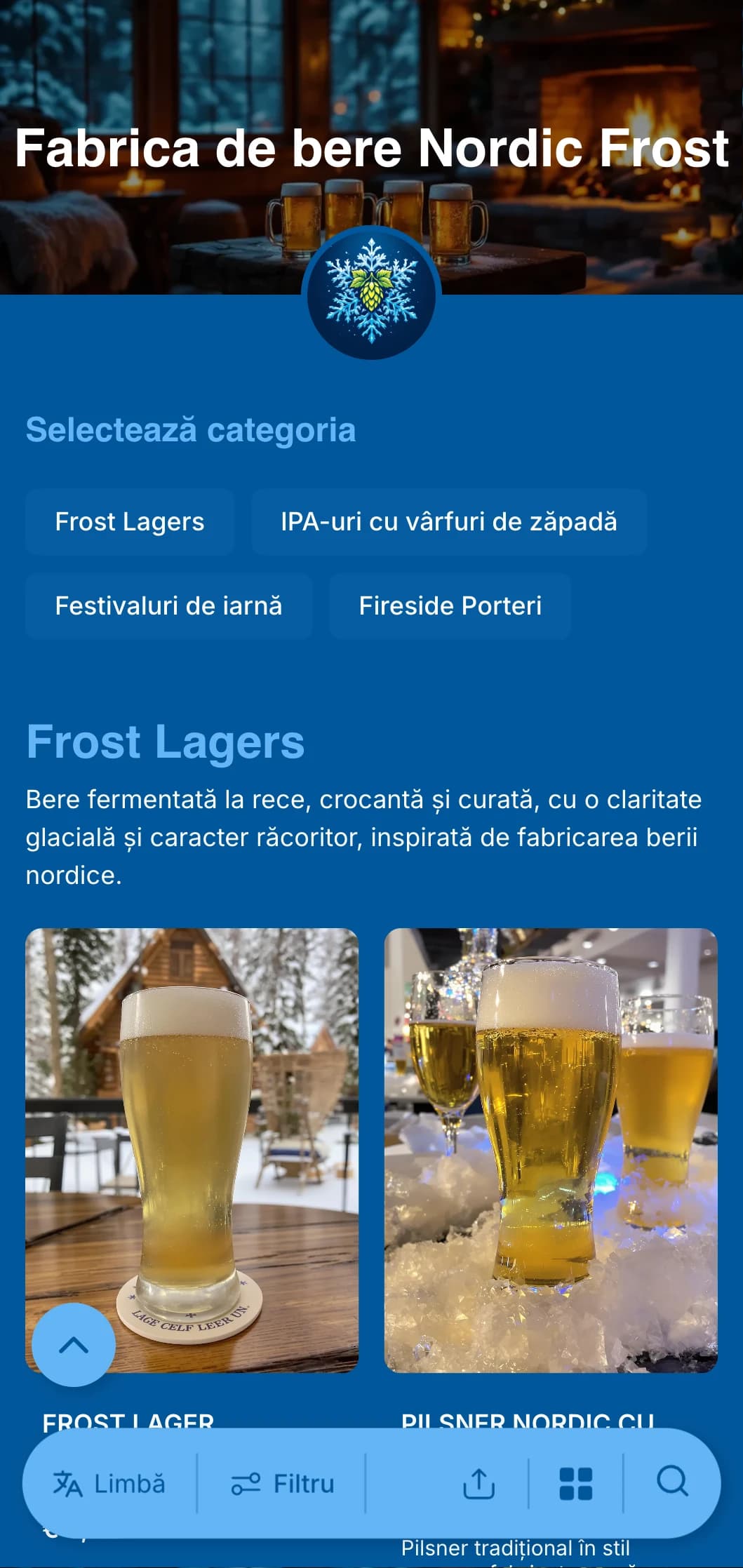 Design cu tematică de iarnă rece și clară, cu tonuri de albastru înghețat și accente de fulgi de zăpadă, ideal pentru meniurile de bere sezoniere de iarnă.