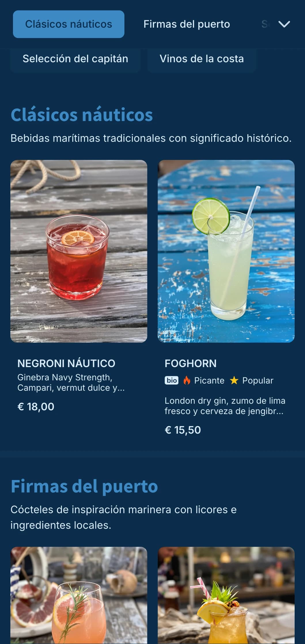Diseño azul náutico con sutiles elementos marítimos para bares de cócteles frente al mar.