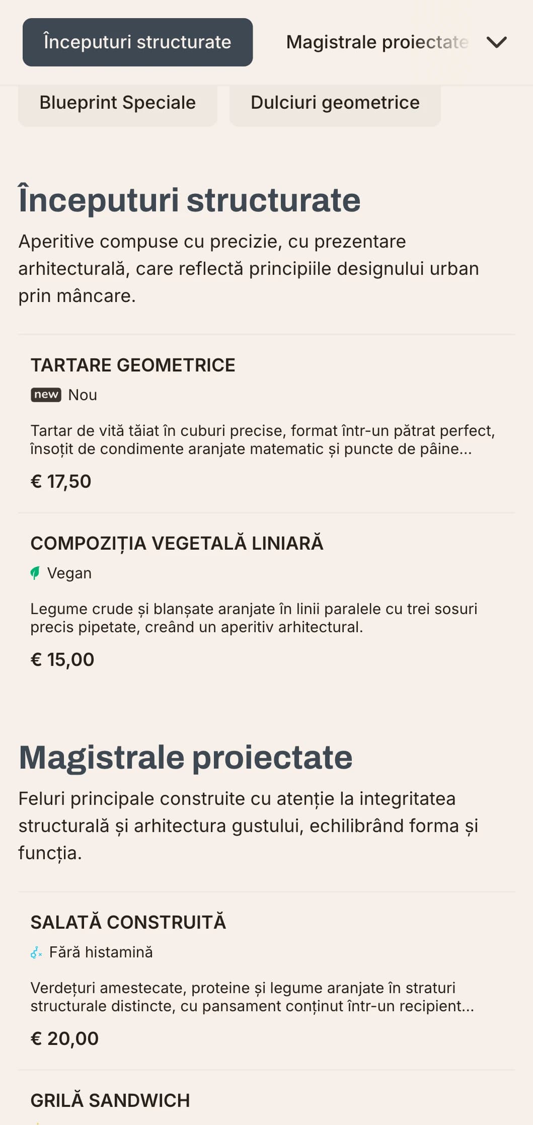 Design îndrăzneț, arhitectural al meniului de prânz, cu linii puternice și elemente urbane, ideal pentru restaurante contemporane din districtele de afaceri și dezvoltări moderne.