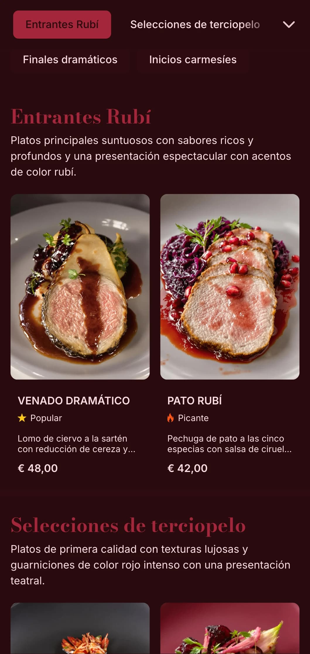 Un concepto gastronómico rico y espectacular con tonos rojos profundos y texturas opulentas que crean una experiencia culinaria teatral.