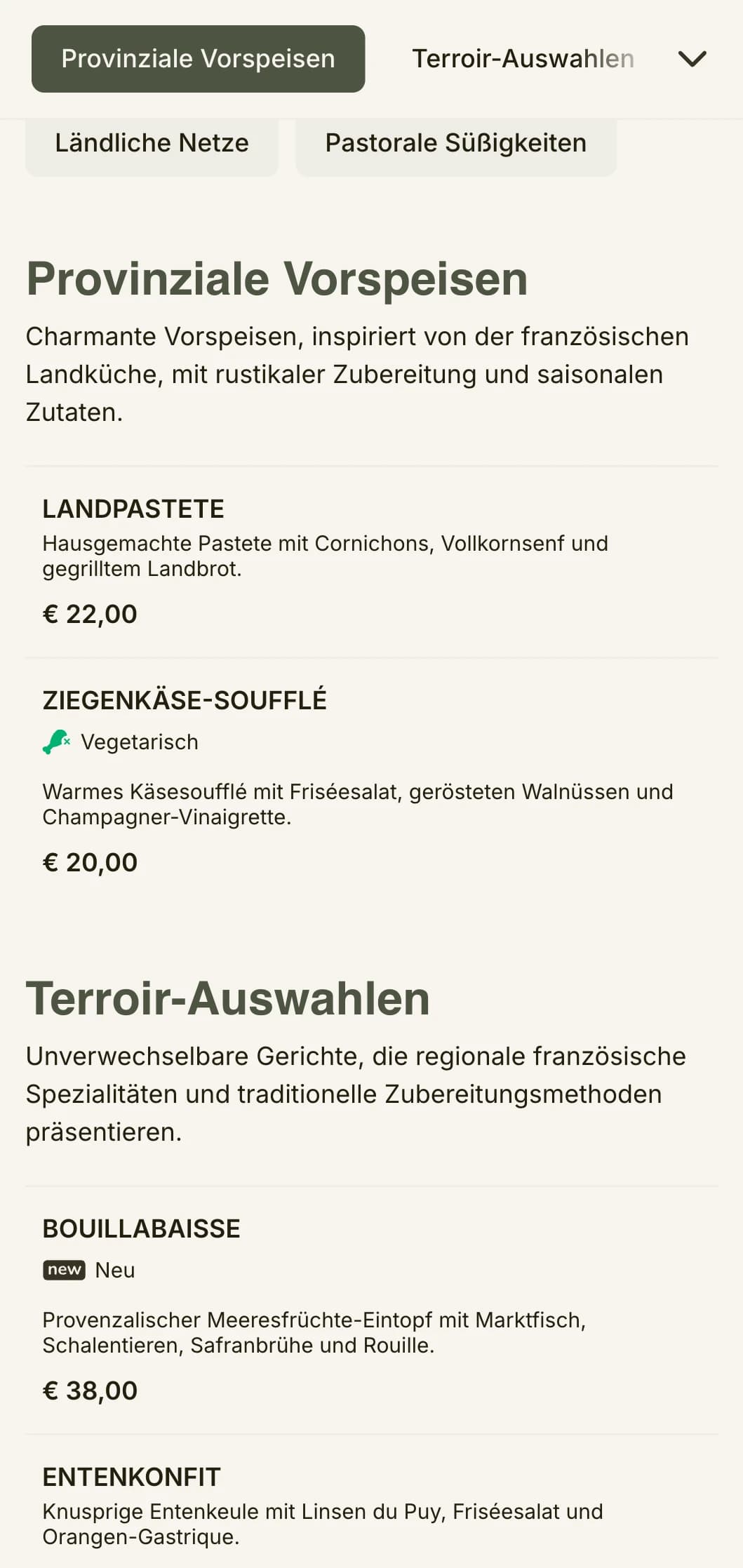 Ein charmantes, von der französischen Landschaft inspiriertes Menü mit Salbeigrüntönen und rustikaler Eleganz.