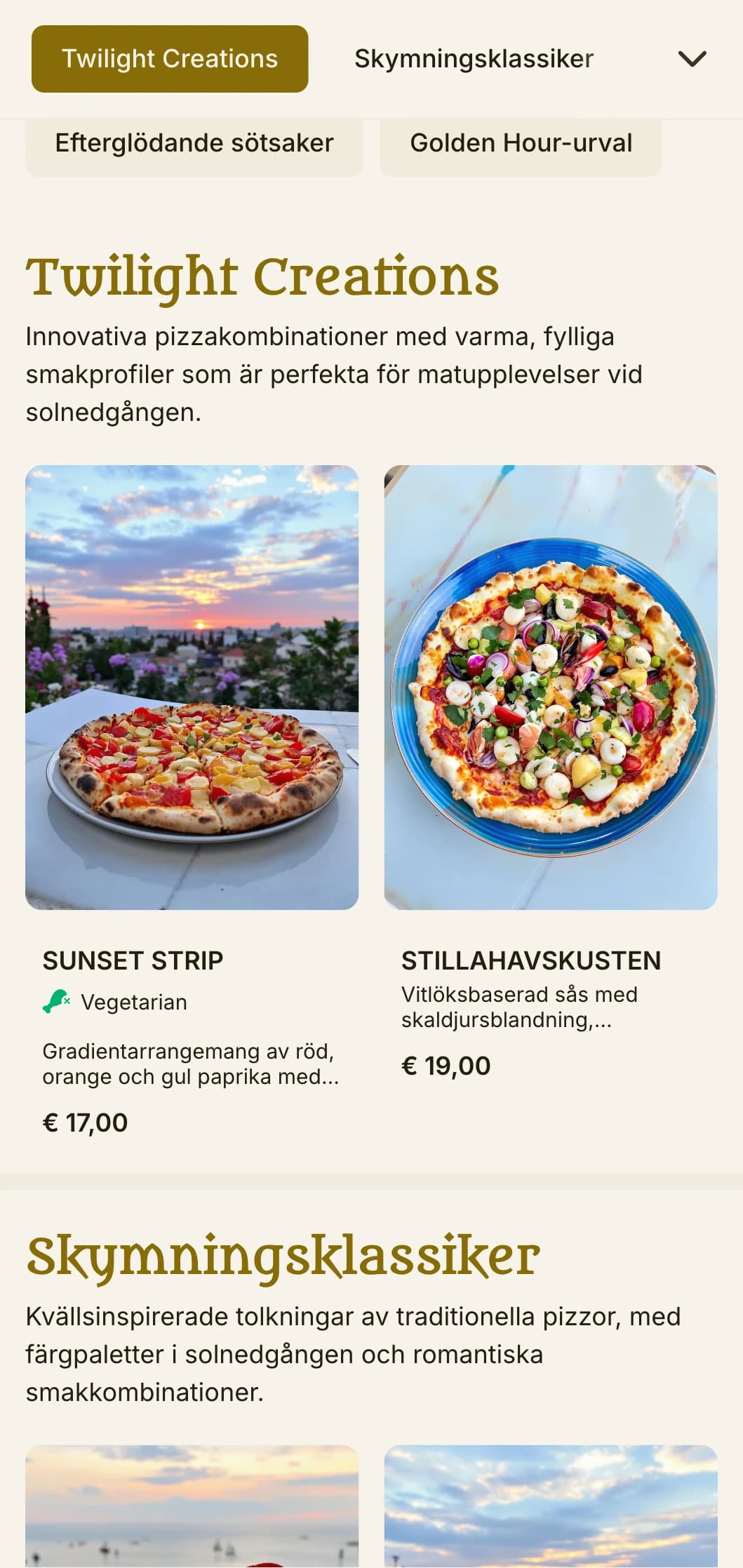 Levande pizzameny med kvällstema, färgpalett med solnedgång och romantiska inslag.