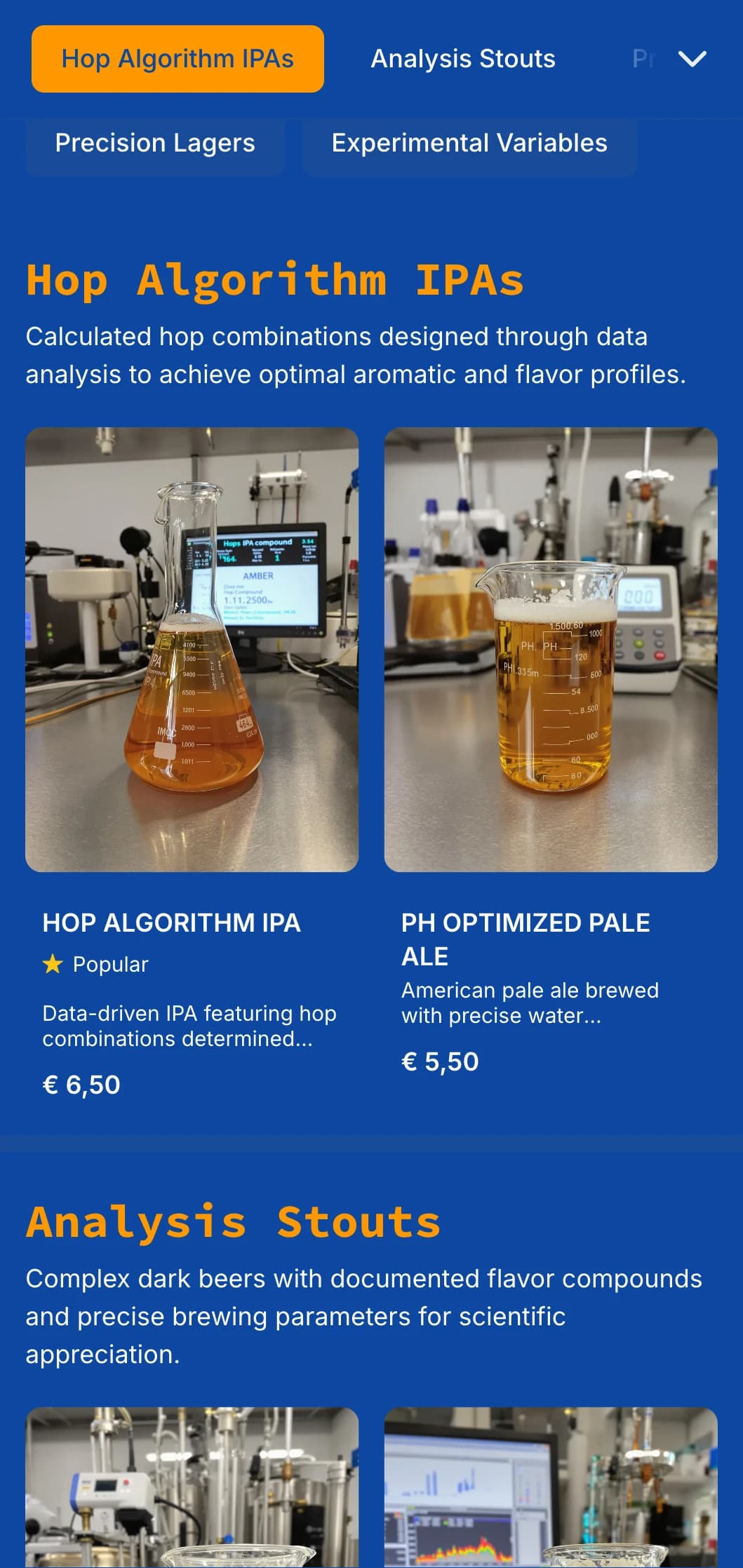 Technical and precise design with blueprint aesthetics and data visualization elements, ideal for brewing companies highlighting scientific processes.