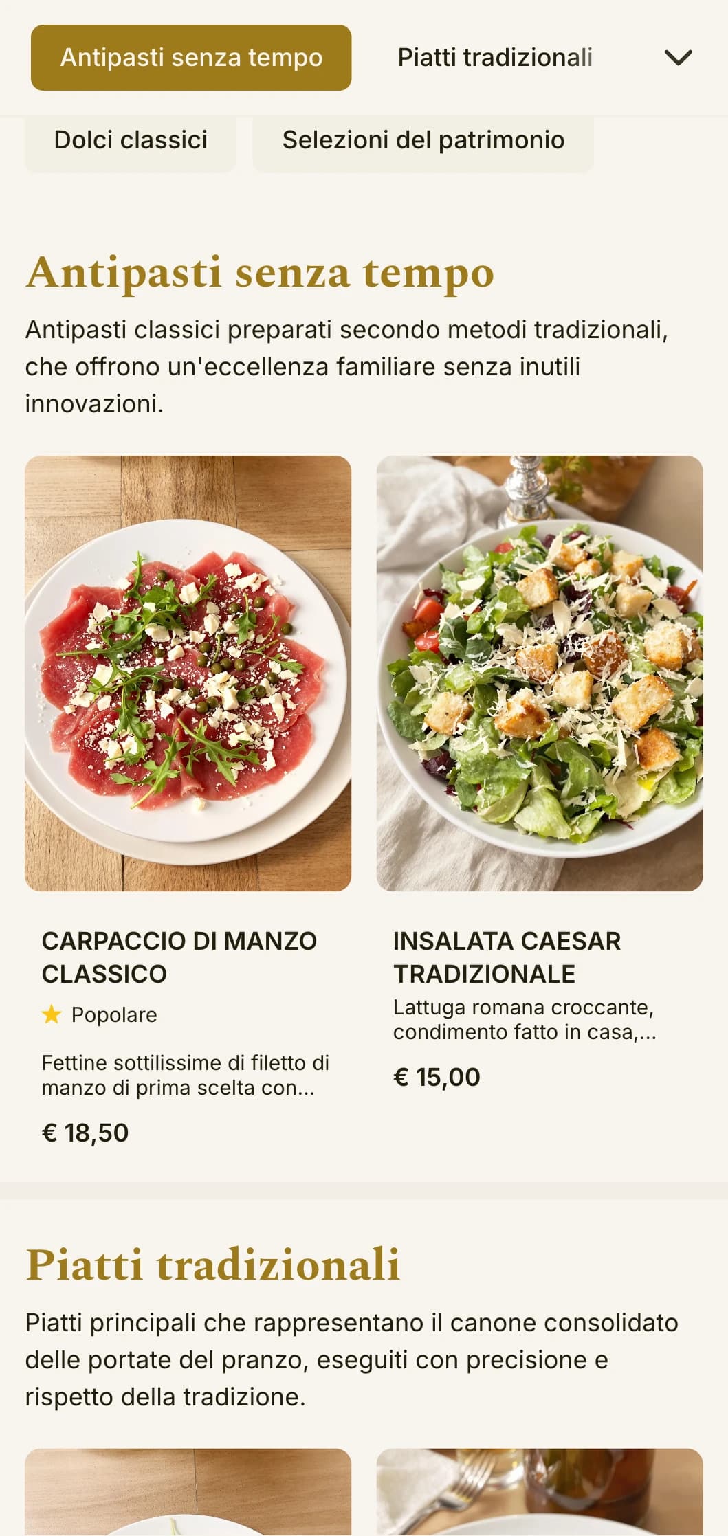 Design elegante e senza tempo per il menu del pranzo, con una tipografia equilibrata e una spaziatura raffinata, adatto a ristoranti tradizionali con una reputazione consolidata.