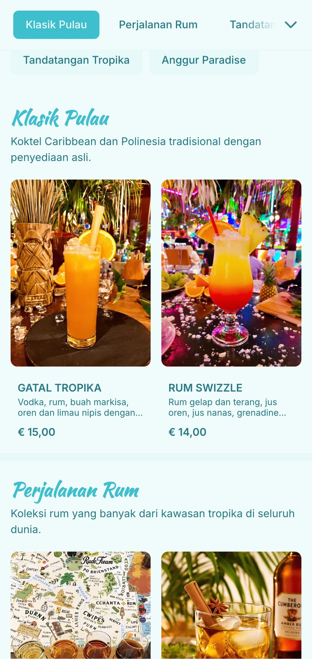 Reka bentuk biru terang dengan unsur tropika untuk bar tiki dan rum.