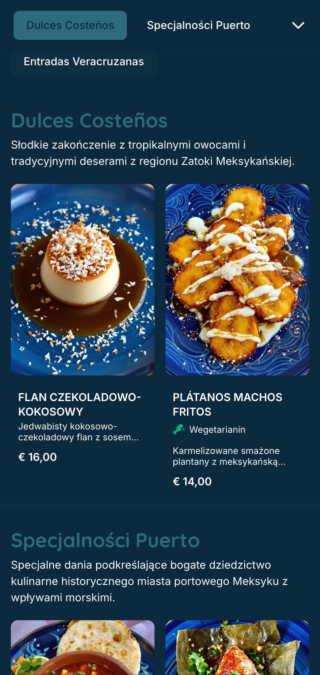 Świeże i aromatyczne przybrzeżne menu prezentujące specjały z owoców morza Veracruz z turkusowymi akcentami, przybrzeżnymi obrazami i charakterystycznymi przetworami rybnymi.