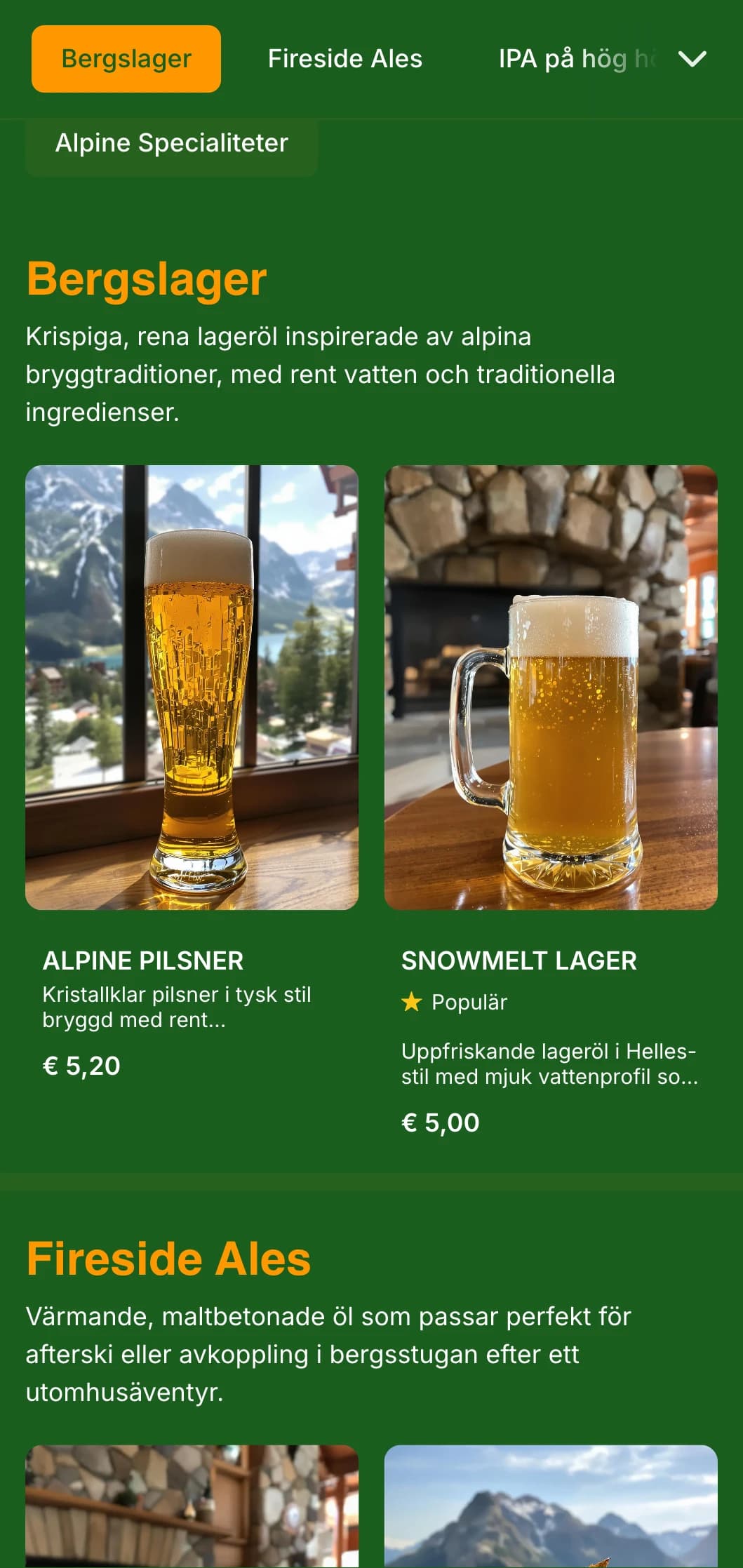 Mysig mountain lodge-estetik med skogsgröna toner och rustika element, perfekt för bryggerier och skidorter på höglandet.