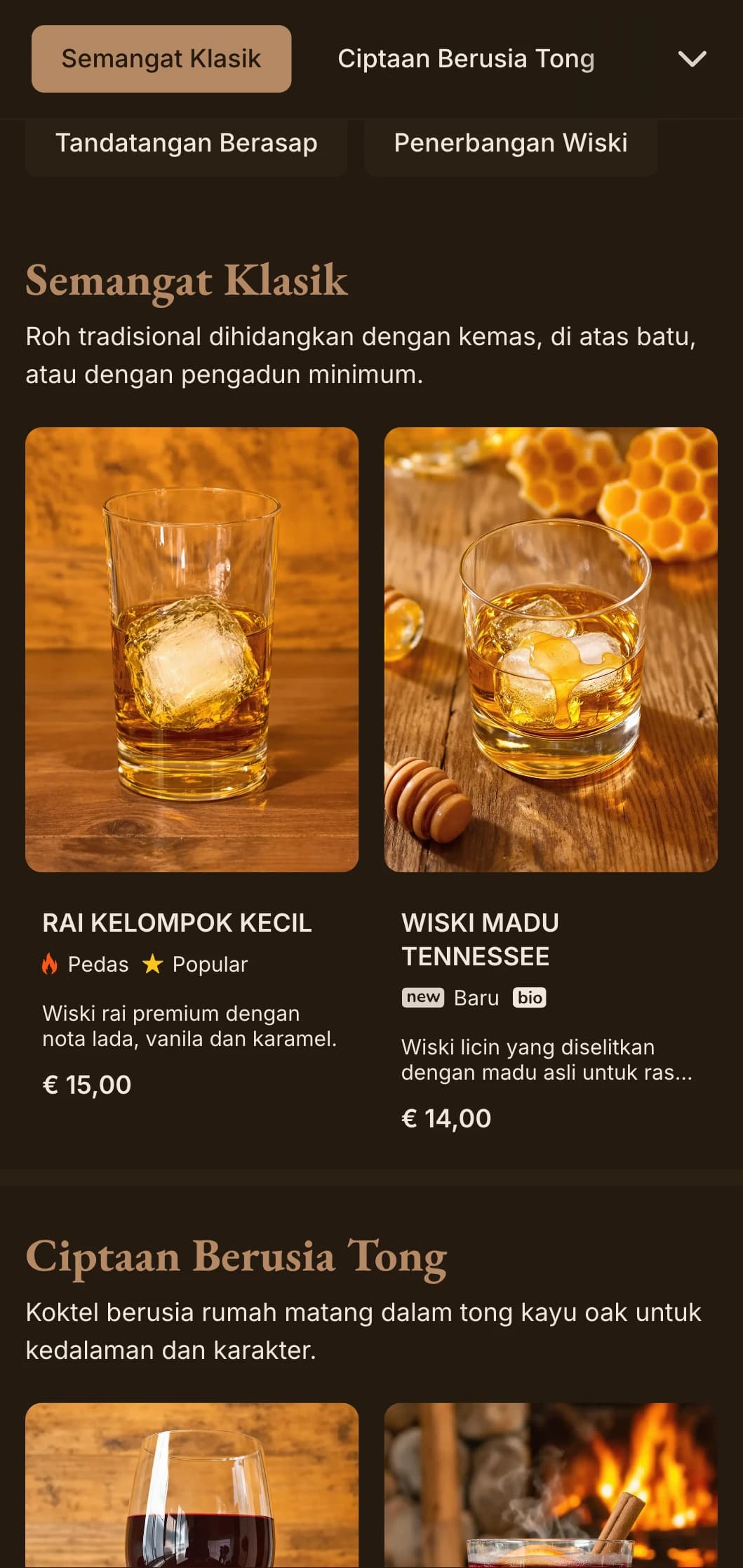 Warna coklat yang kaya dengan tipografi klasik untuk bar wiski dan pub tradisional.
