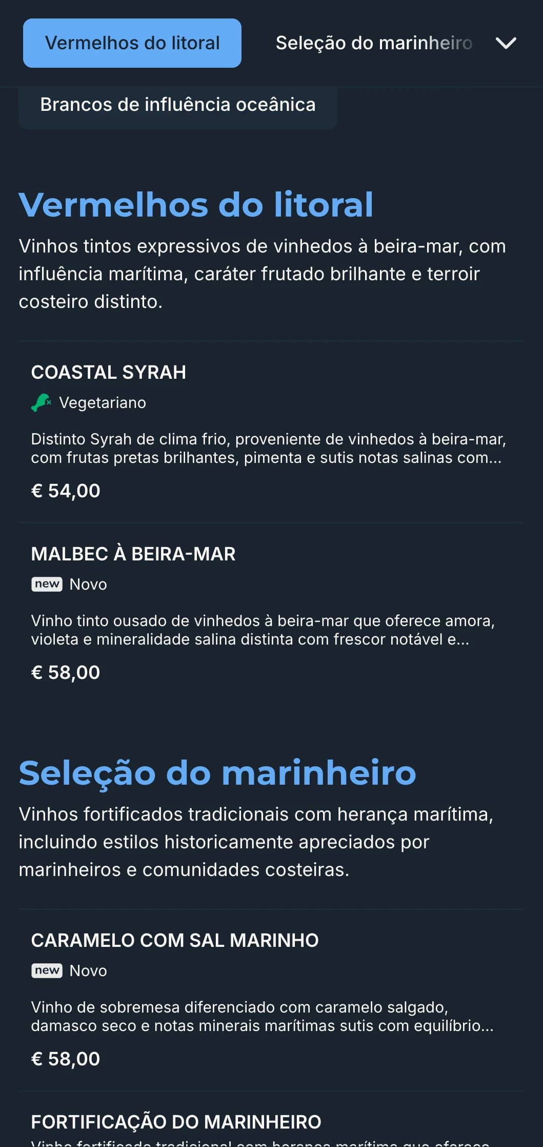 Modelo de carta de vinhos escura de inspiração mediterrânea com detalhes em azul vibrante, perfeita para restaurantes litorâneos noturnos e experiências de vinhos à beira-mar.