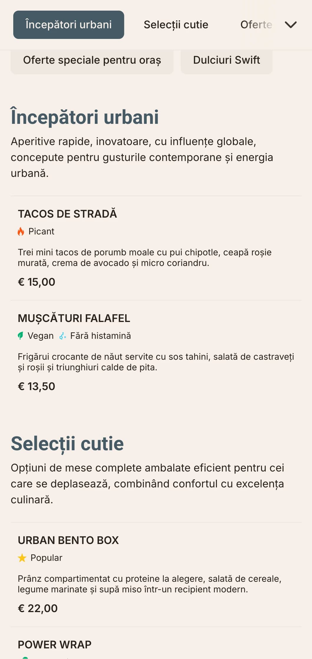 Design îndrăzneț și contemporan al meniului de prânz pentru restaurantele fast-casual, cu tipografie dinamică și aspect eficient pentru profesioniștii urbani care caută mese de calitate la prânz.
