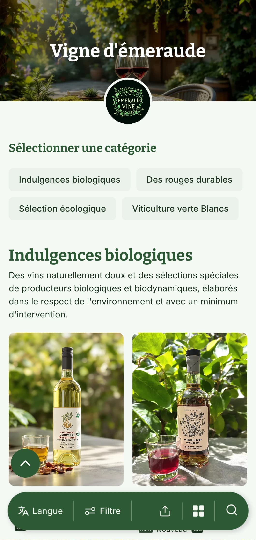 Modèle de carte des vins au thème verdoyant, avec des éléments botaniques et des textures naturelles, parfait pour les sélections de vins biologiques et les restaurants de jardin.