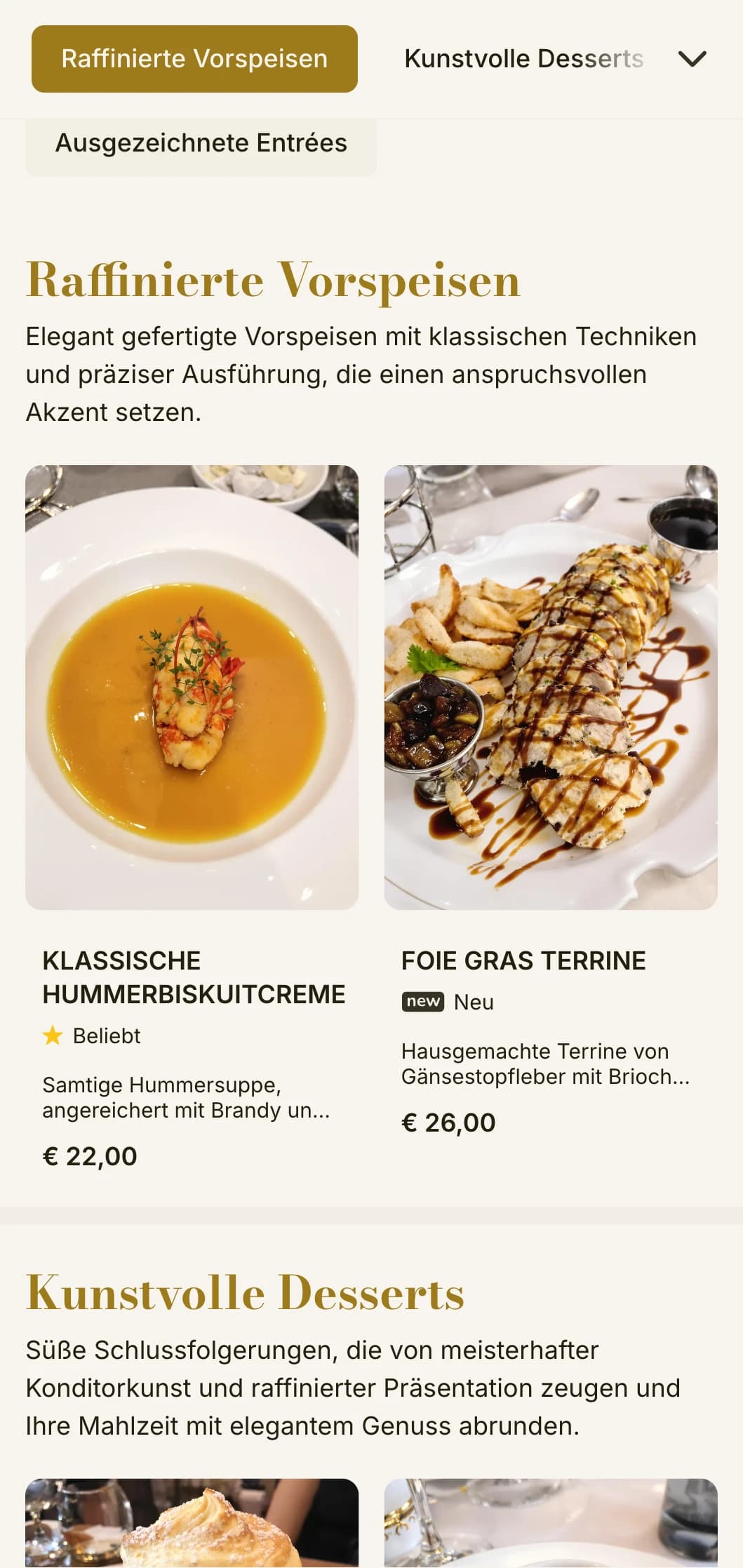 Raffiniertes, anspruchsvolles Design für Mittagsmenüs mit zarter Typografie und klassischen Proportionen, geeignet für gehobene Restaurants und Einrichtungen, die Mittagstisch anbieten.