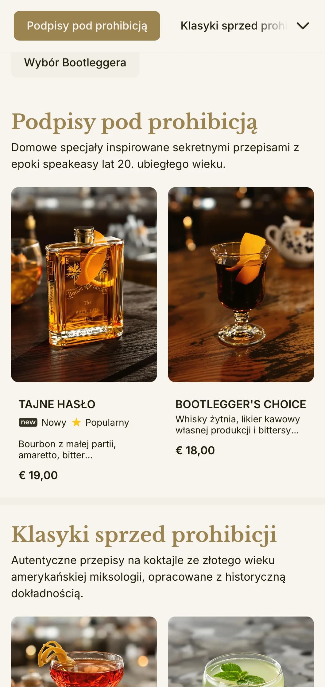 Inspirowany prohibicją projekt dla barów w stylu speakeasy, z typografią w stylu vintage i subtelnymi złotymi akcentami.