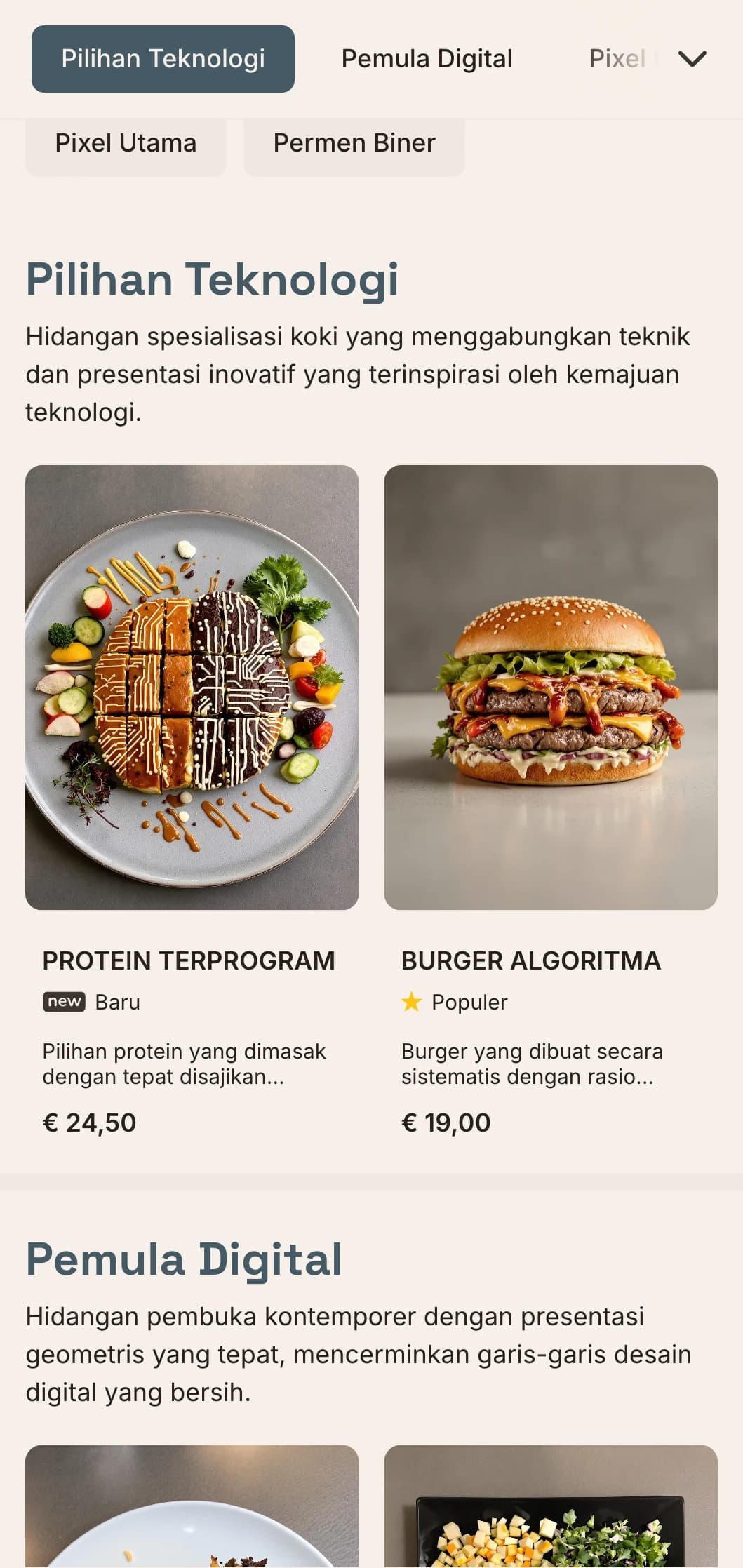 Desain menu makan siang yang terinspirasi dari digital dengan estetika teknologi dan tata letak kisi-kisi yang tepat, cocok untuk restoran di distrik inovasi dan dekat dengan perusahaan teknologi.