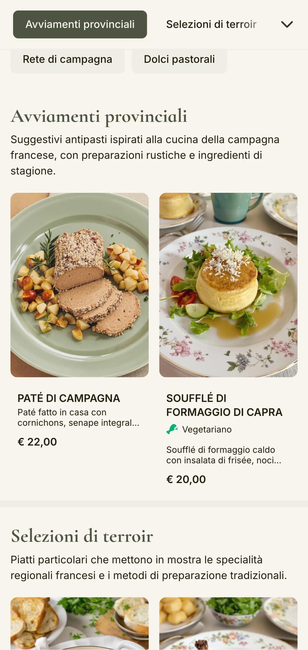Un menu di charme ispirato all'estetica della campagna francese, con toni verde salvia ed eleganza rustica.