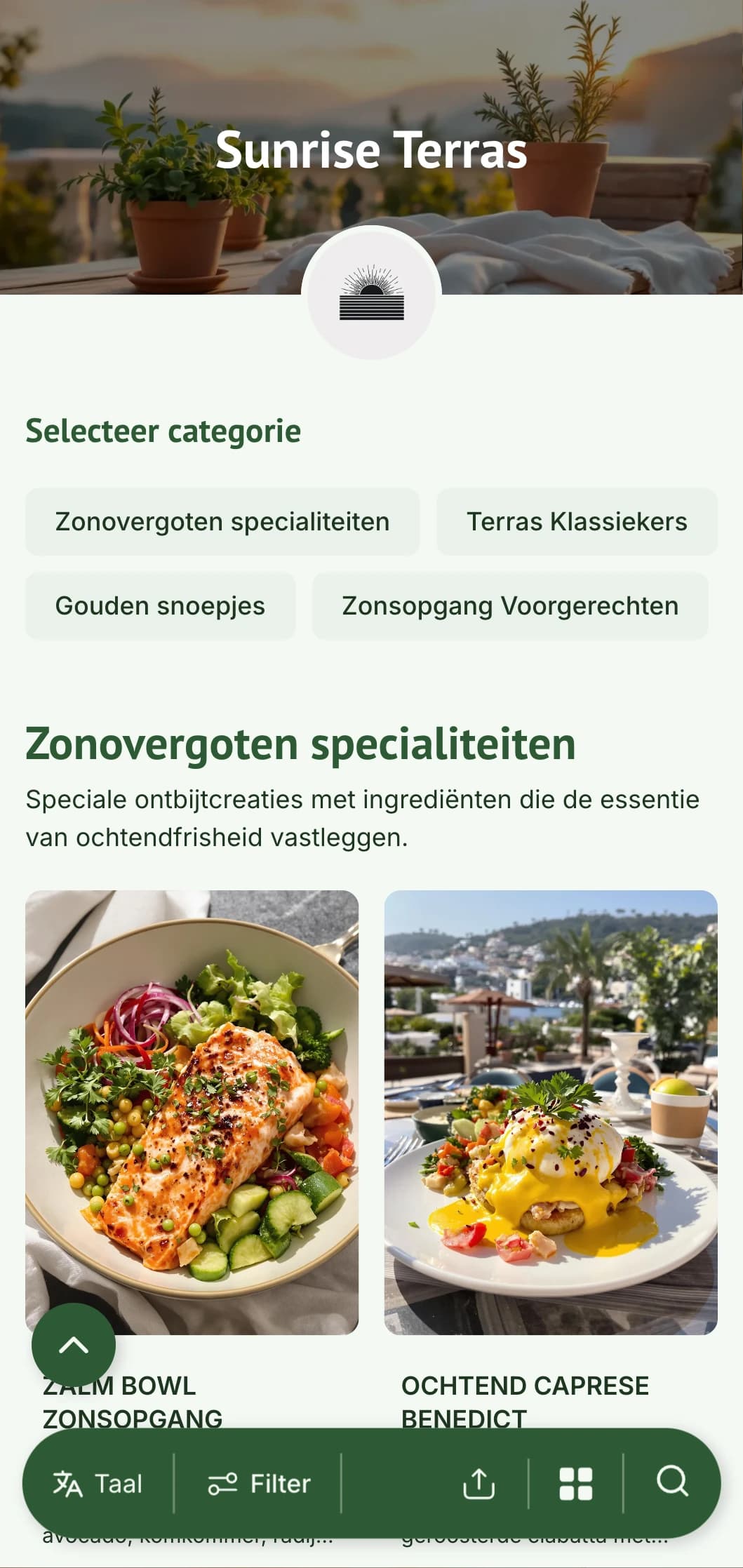 Helder, verfrissend ontbijtmenu ontworpen om 's ochtends buiten te dineren met verse, seizoensgebonden ingrediënten.