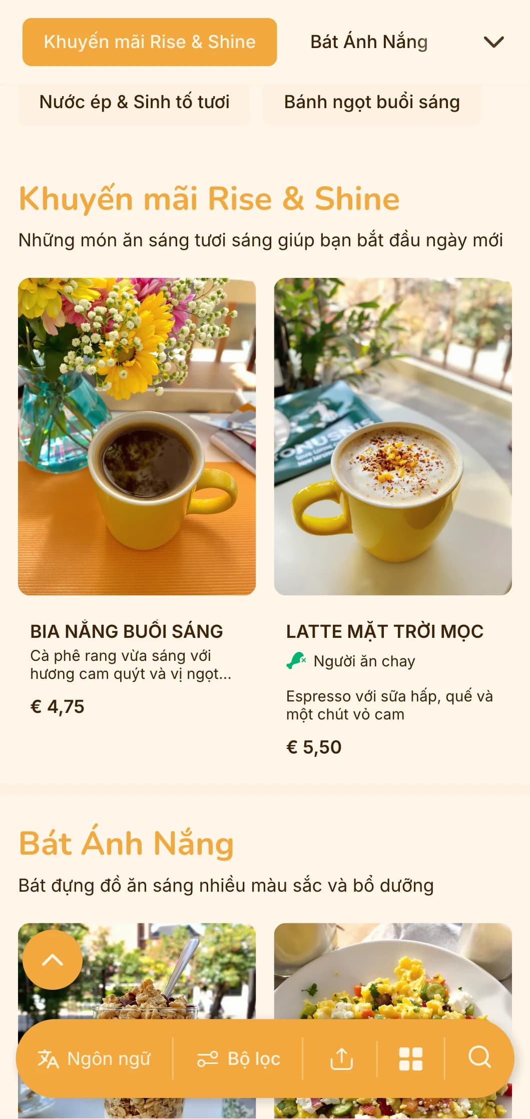 Thiết kế màu vàng và cam tươi vui với các yếu tố nắng cho thực khách ăn sáng và ăn trưa muộn.