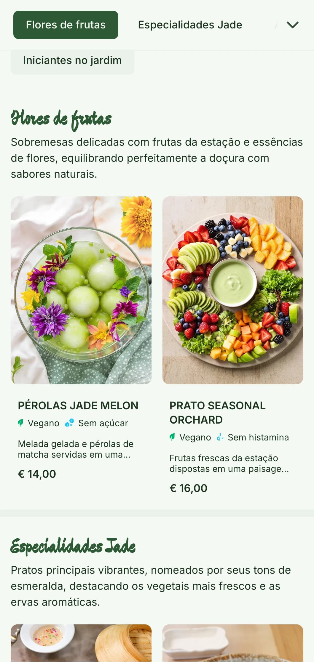 Design fresco e vibrante do cardápio chinês inspirado na estética do jardim, com detalhes em jade e elementos botânicos perfeitos para a culinária chinesa da fazenda para a mesa.