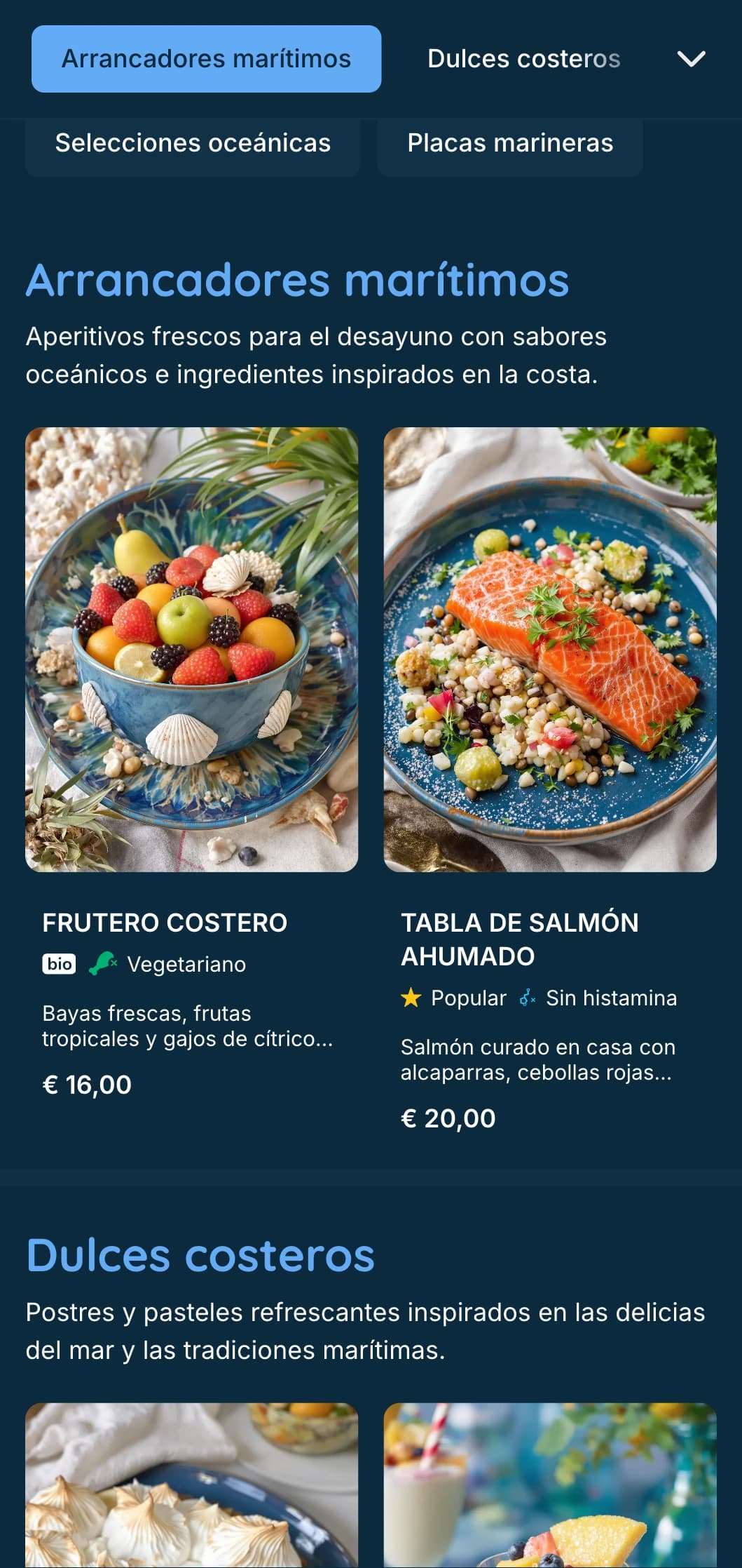 Plantilla de brunch fresca y marítima con tonos azules profundos, ideal para brunchs de marisco y establecimientos frente al mar.