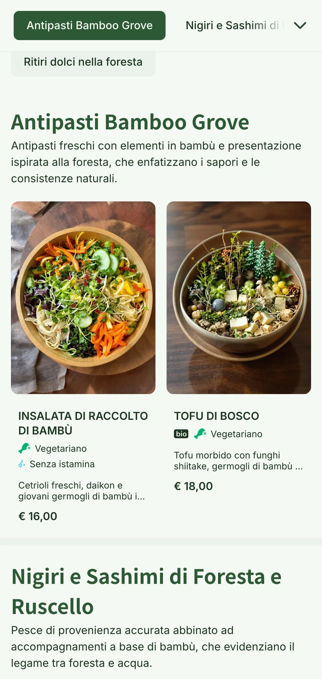 Menu di sushi naturale, ispirato al bambù, con toni verde bosco ed elementi organici per locali autentici.