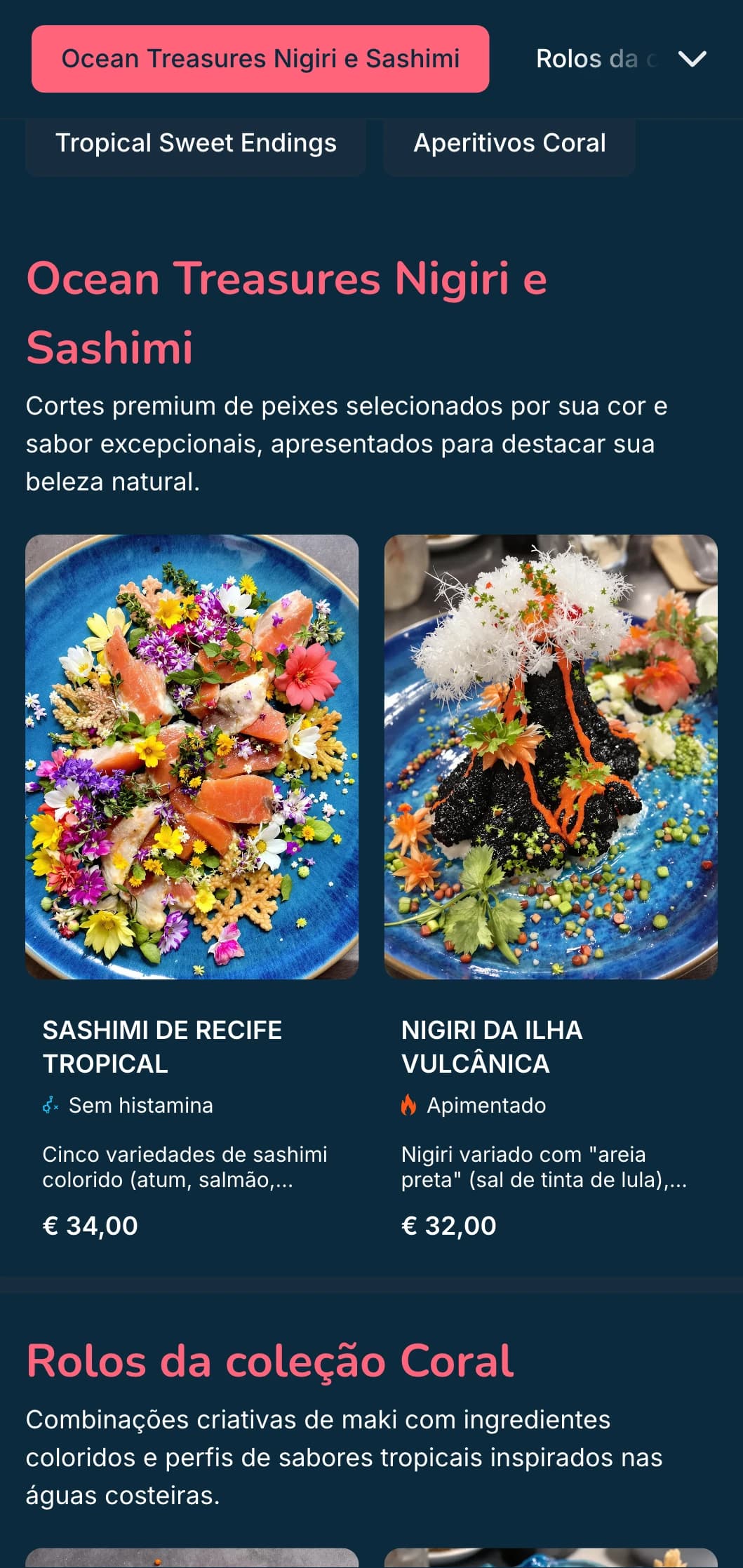 Cardápio vibrante de sushi inspirado no oceano, com detalhes em rosa coral e fundo azul profundo, perfeito para especialistas em frutos do mar.
