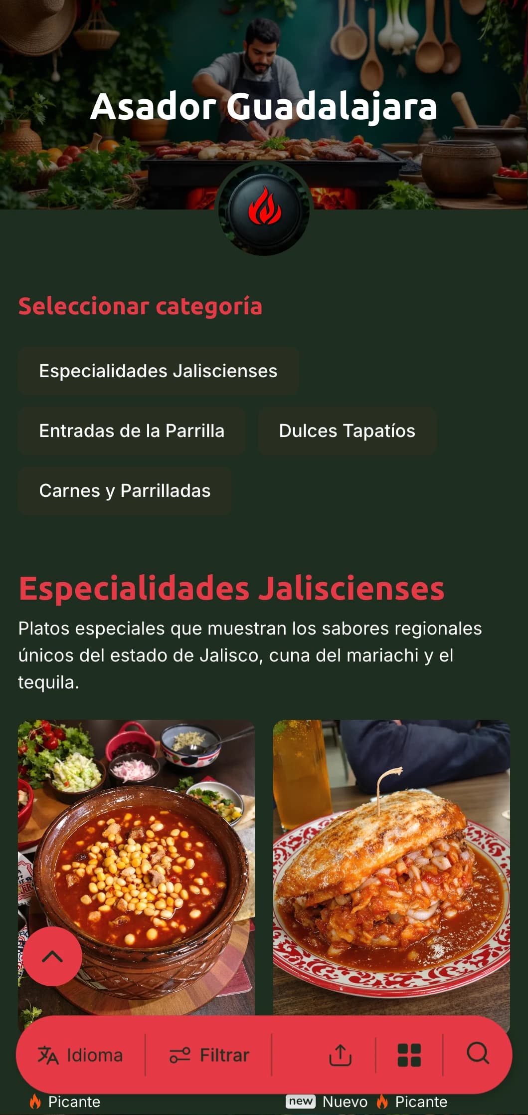 Atrevido y sabroso menú que celebra la cocina de Guadalajara con ricos acentos rojos, platos tradicionales a la parrilla de carbón y especialidades regionales.