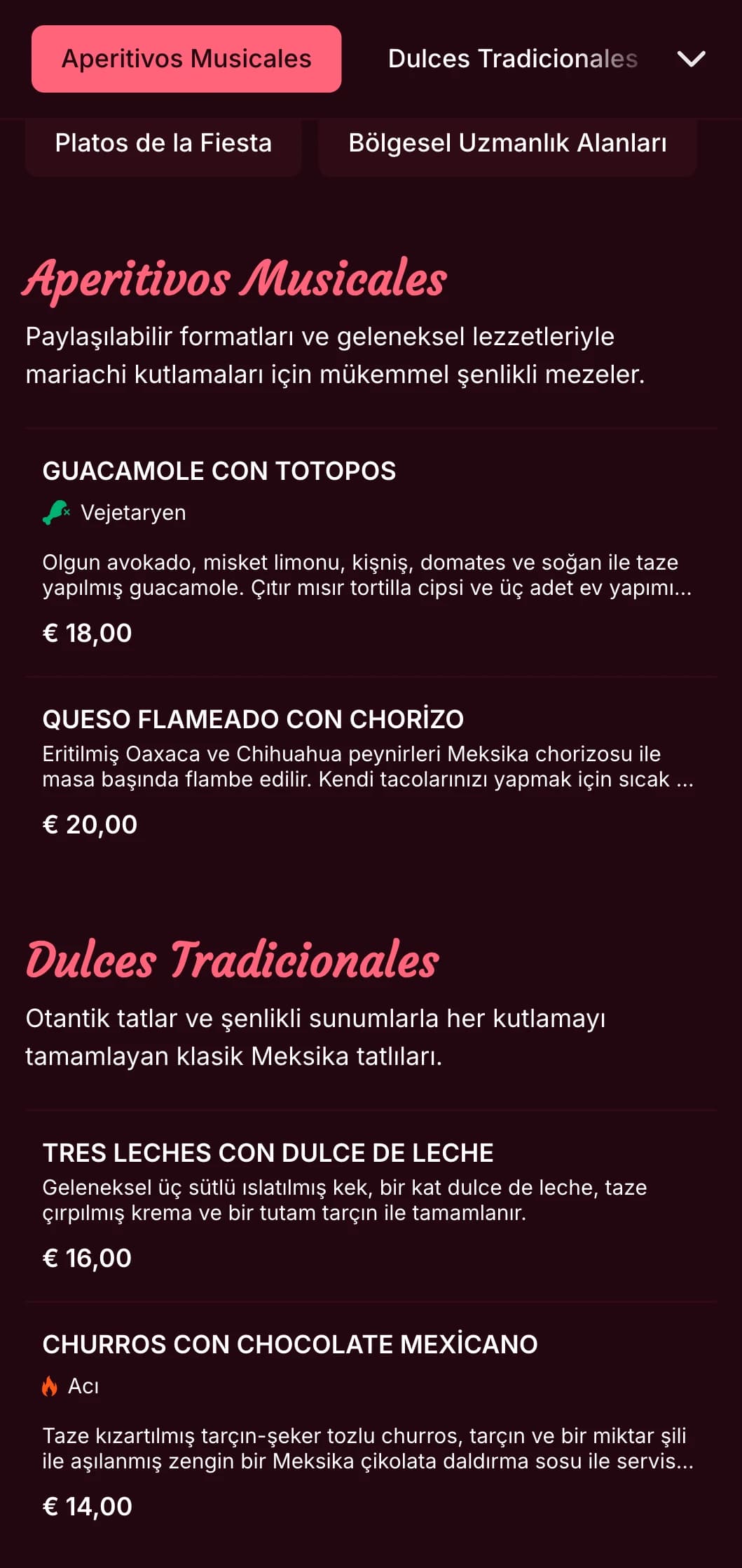 Parlak pembe vurgular, mariachi görüntüleri ve kutlamalar ve partiler için mükemmel şenlikli yemekler içeren canlı ve müzikal Meksika menüsü.