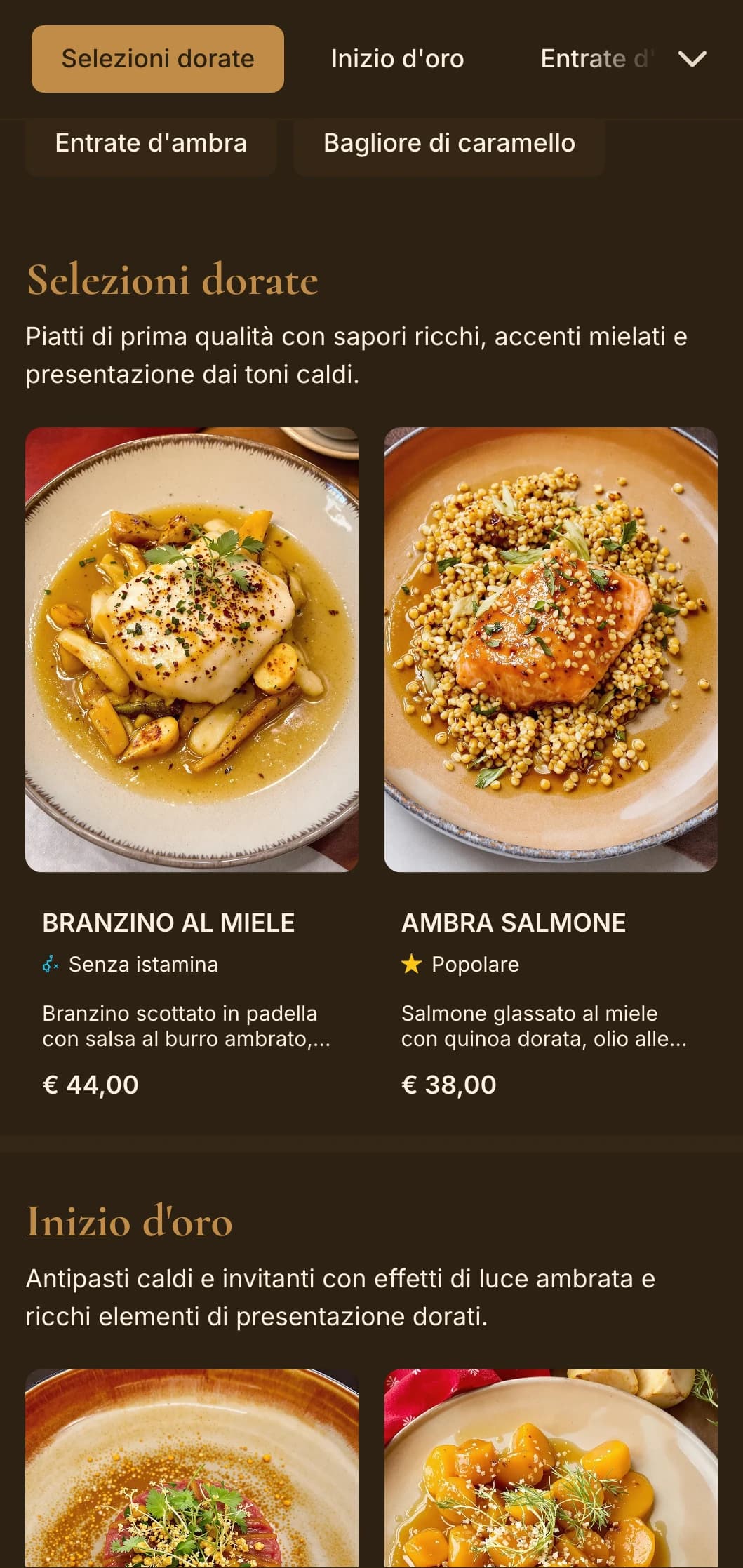 Un concetto di ristorazione ricco e caldo, caratterizzato da toni ambrati e luci dorate per un'esperienza di lusso intimo.