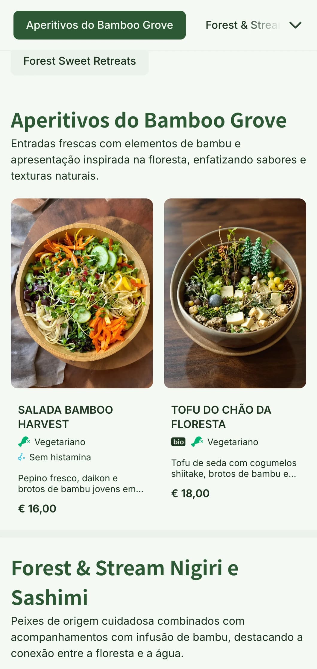 Menu de sushi natural, inspirado em bambu, com tons de verde floresta e elementos orgânicos para estabelecimentos autênticos.
