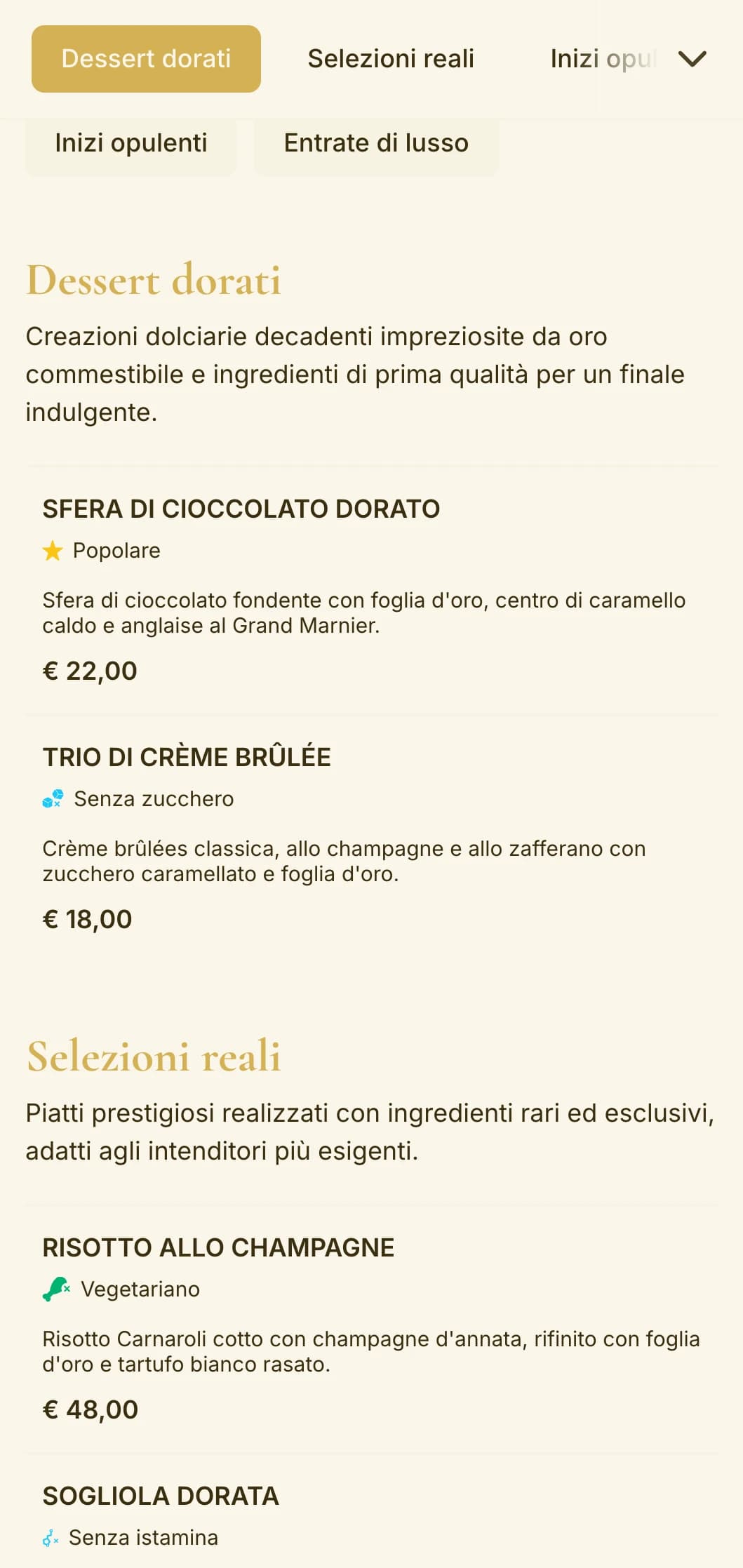 Un design opulento a tema oro che emana lusso ed esclusività, perfetto per i locali di alto livello e per le occasioni speciali.
