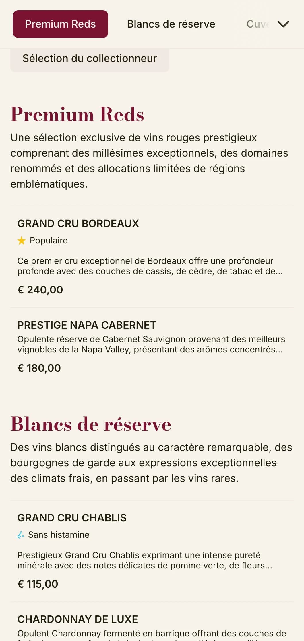Modèle de carte des vins spectaculairement luxueux avec de riches accents bordeaux et une typographie sophistiquée, idéal pour les steakhouses et les caves à vin haut de gamme.