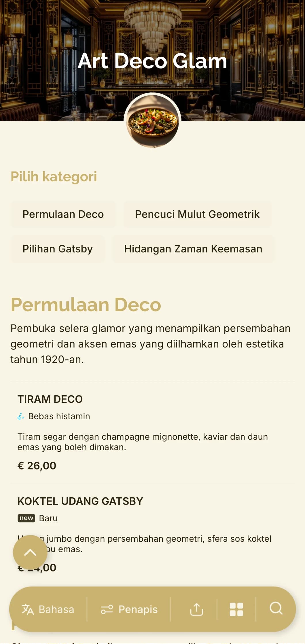 Reka bentuk berinspirasikan 1920-an yang glamor dengan corak geometri dan aksen keemasan untuk pengalaman makan yang abadi namun kontemporari.