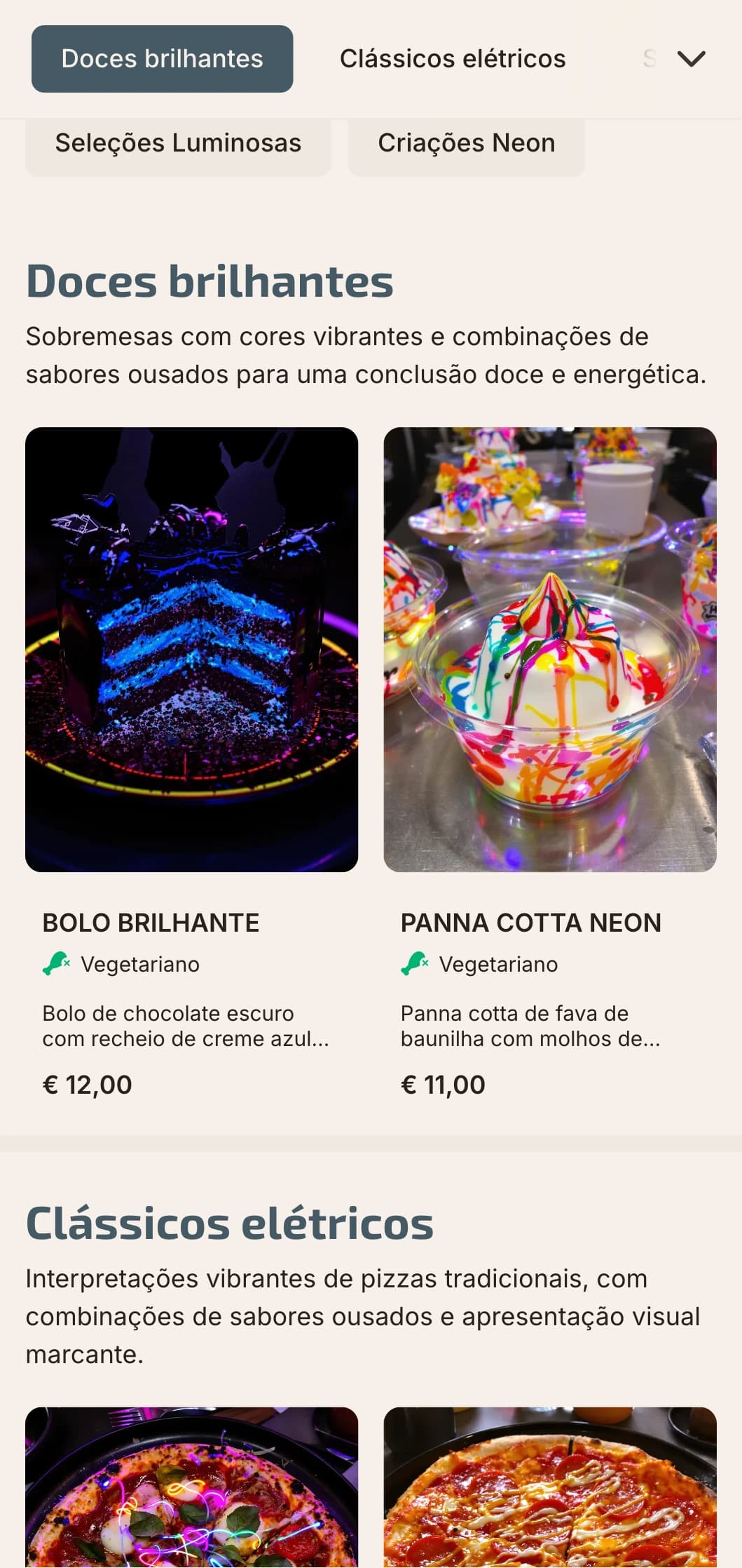 Cardápio de pizza contemporâneo com toques de cores neon e estética urbana moderna.