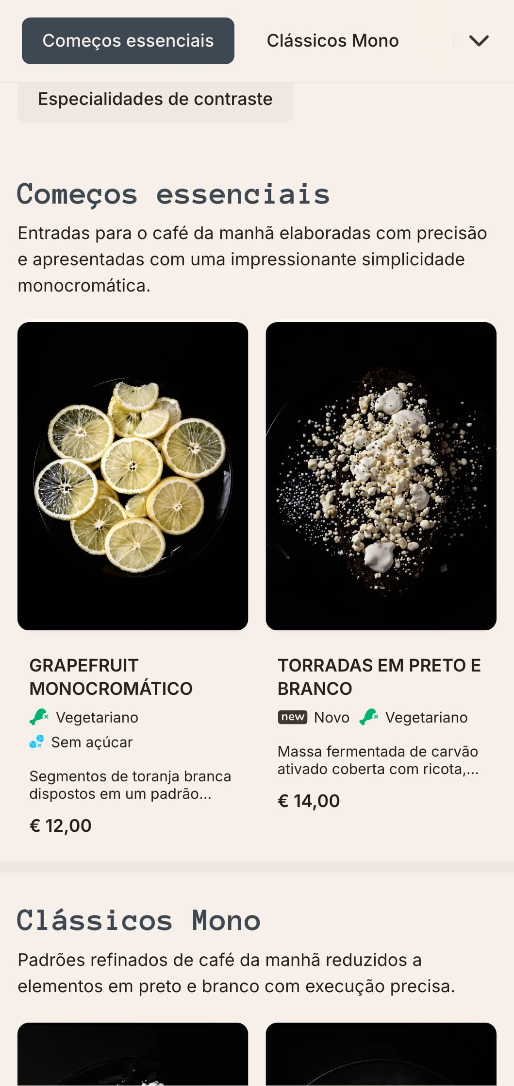 Opções matinais elegantes e monocromáticas com composição precisa e perfis de sabor contemporâneos.