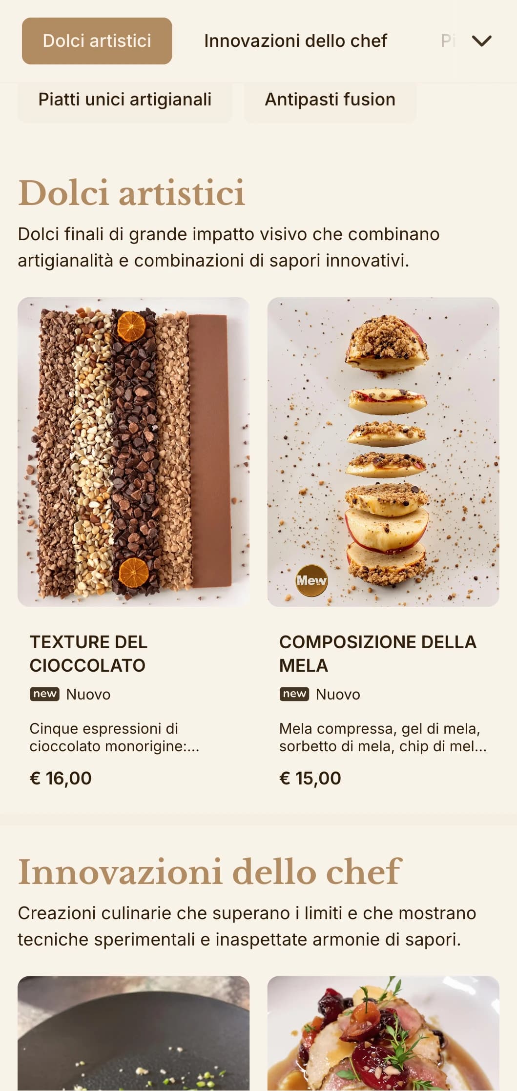 Sofisticata fusione di estetica artigianale e presentazione gourmet, ideale per locali culinari innovativi.