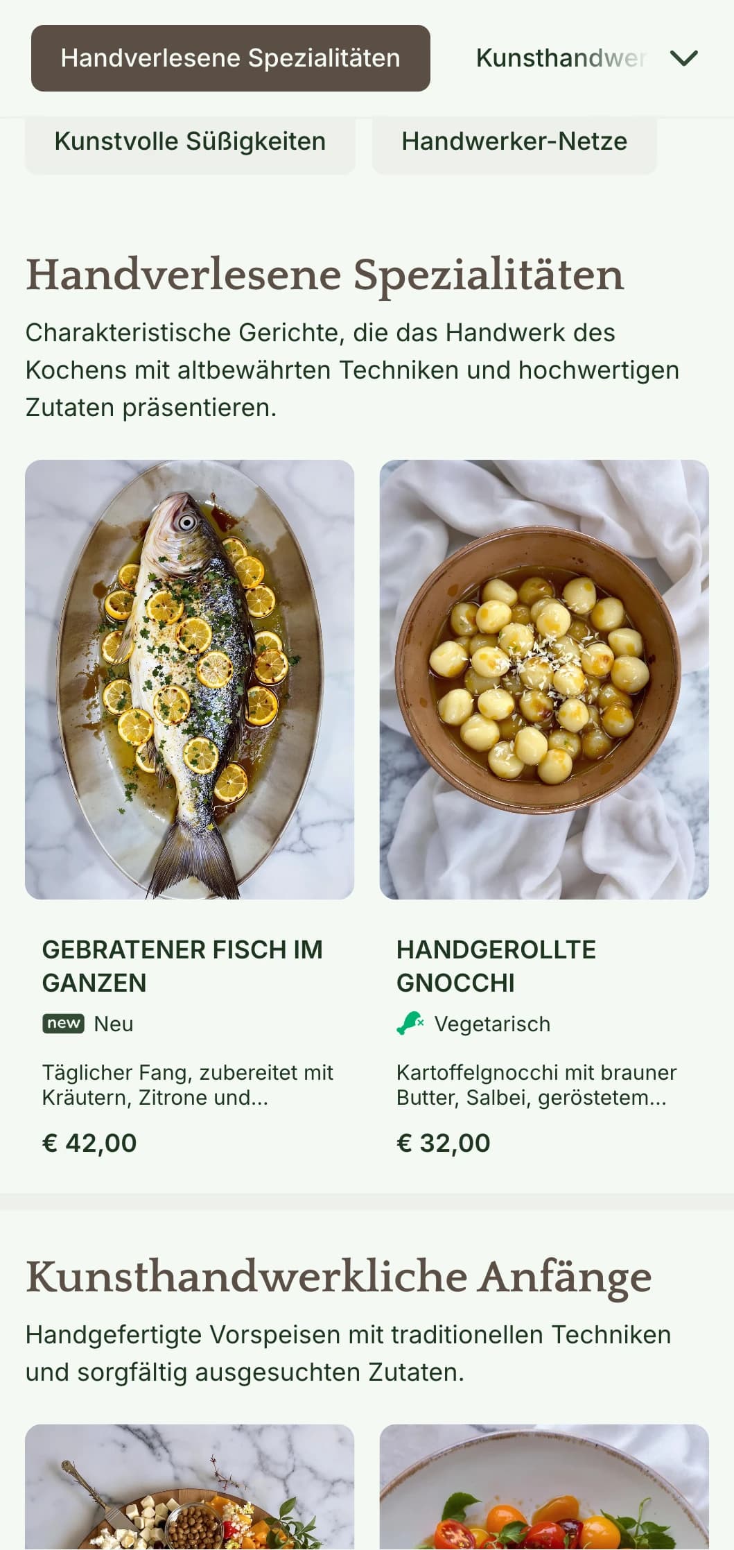 Ein warmes, handwerkliches Menü mit handwerklich inspirierten Designelementen und erdigen Tönen, perfekt für Restaurants, die sich auf handwerkliche Küche konzentrieren.