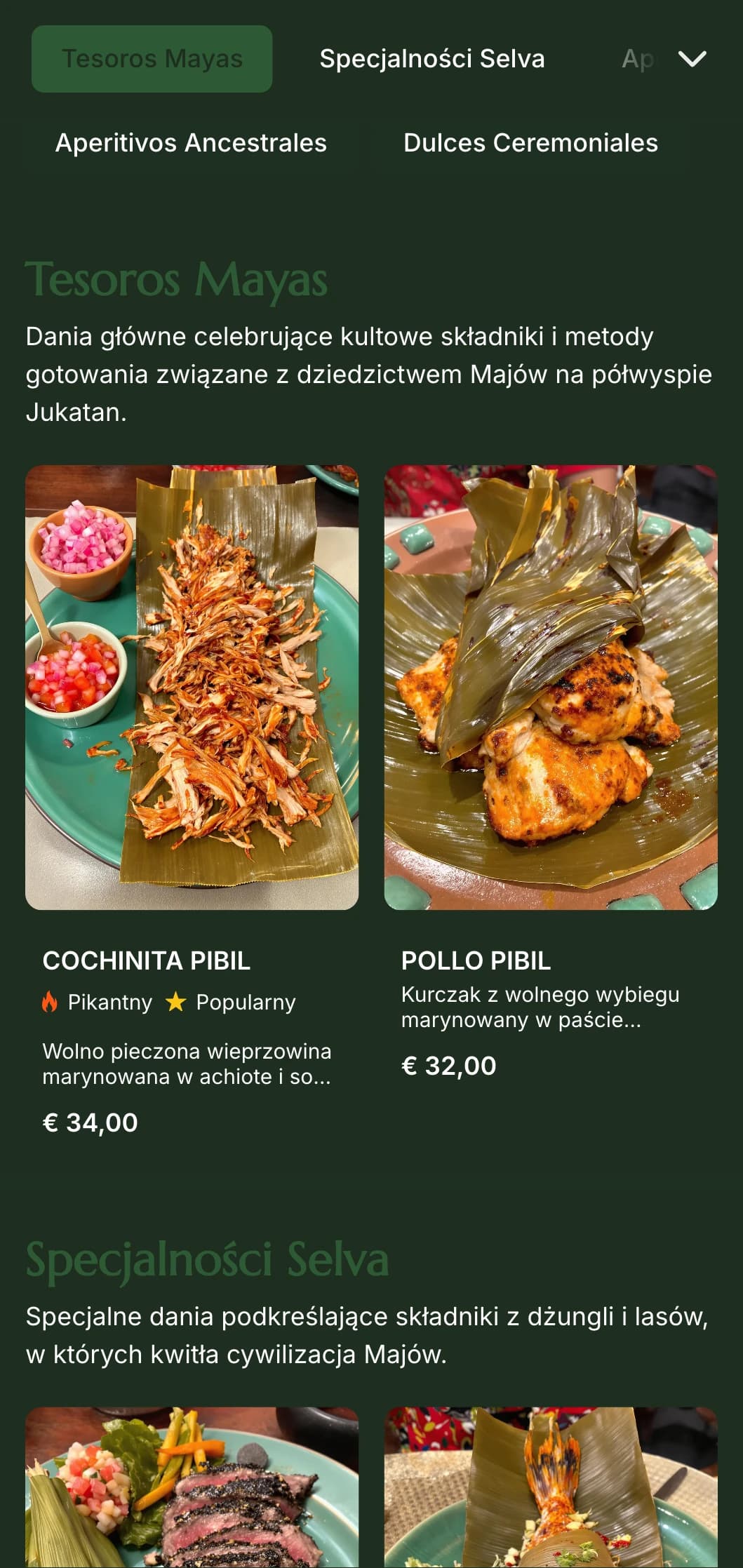 Tajemnicze i eleganckie menu inspirowane kulturą Majów z jadeitowymi akcentami, starożytną symboliką i specjałami z półwyspu Jukatan.