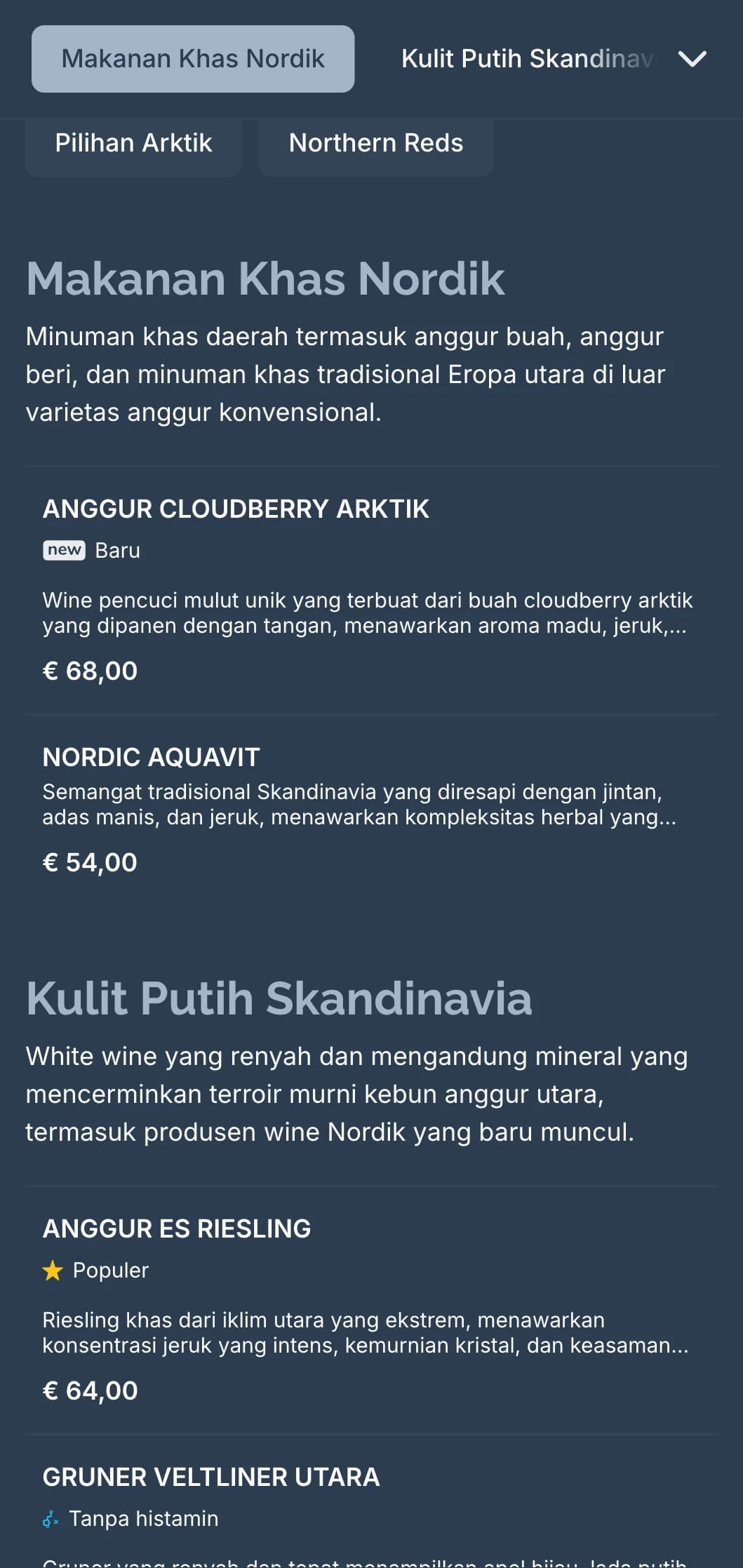 Templat daftar anggur yang terinspirasi dari Skandinavia dengan warna biru yang sejuk dan desain minimalis, ideal untuk restoran Nordik kontemporer dan bar anggur internasional.
