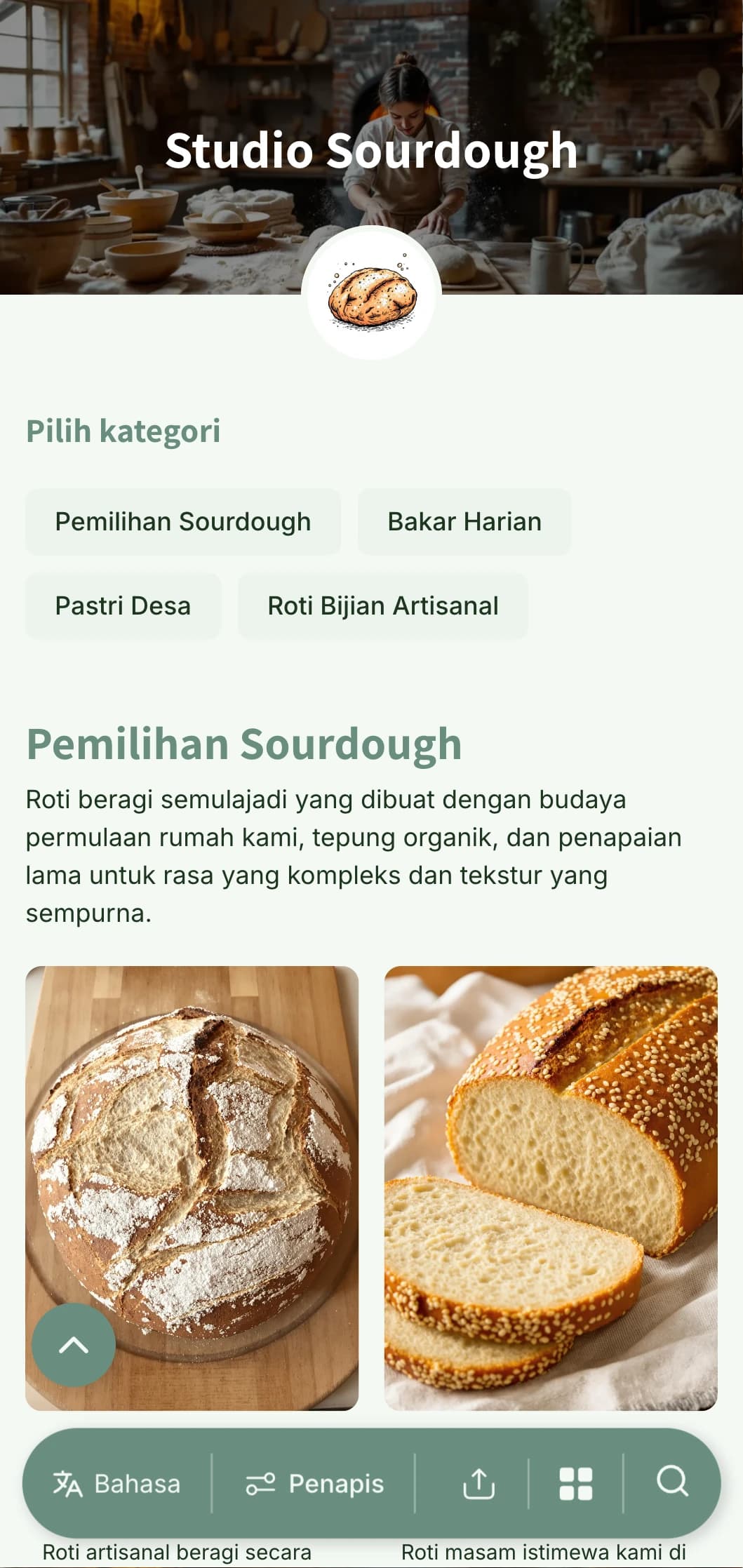 Reka bentuk menu bakeri desa namun halus menampilkan rona hijau bumi dan tipografi artisan, sesuai untuk pakar doh masam dan kedai roti kraf.