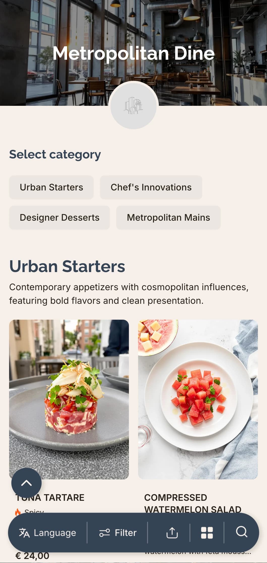 A contemporary urban dinner menu with sleek typography and architectural influences, designed for city-center dining establishments.