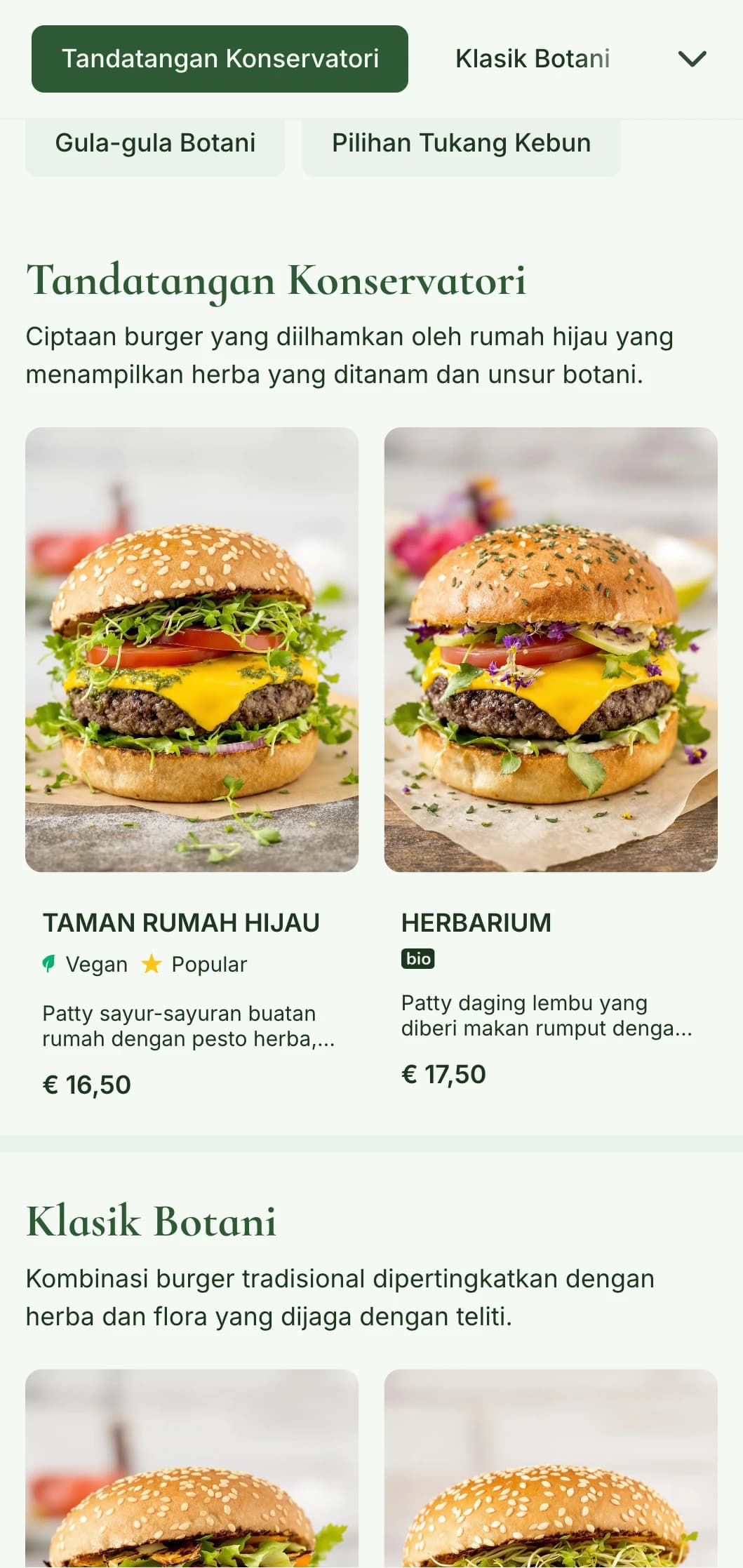 Taman burger berfokuskan tumbuhan dengan unsur rumah hijau dan ilustrasi botani.