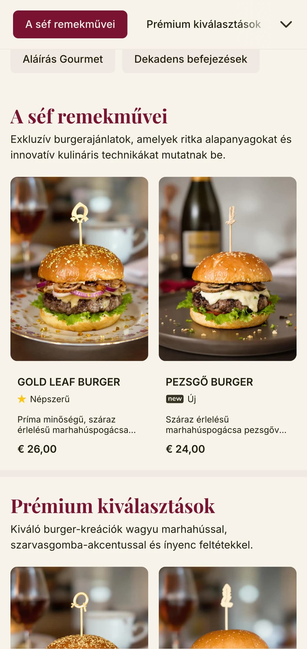 Emelt szintű hamburgerezős étkezés prémium tipográfiával és gazdag színpalettával az előkelő hamburgerélményért.