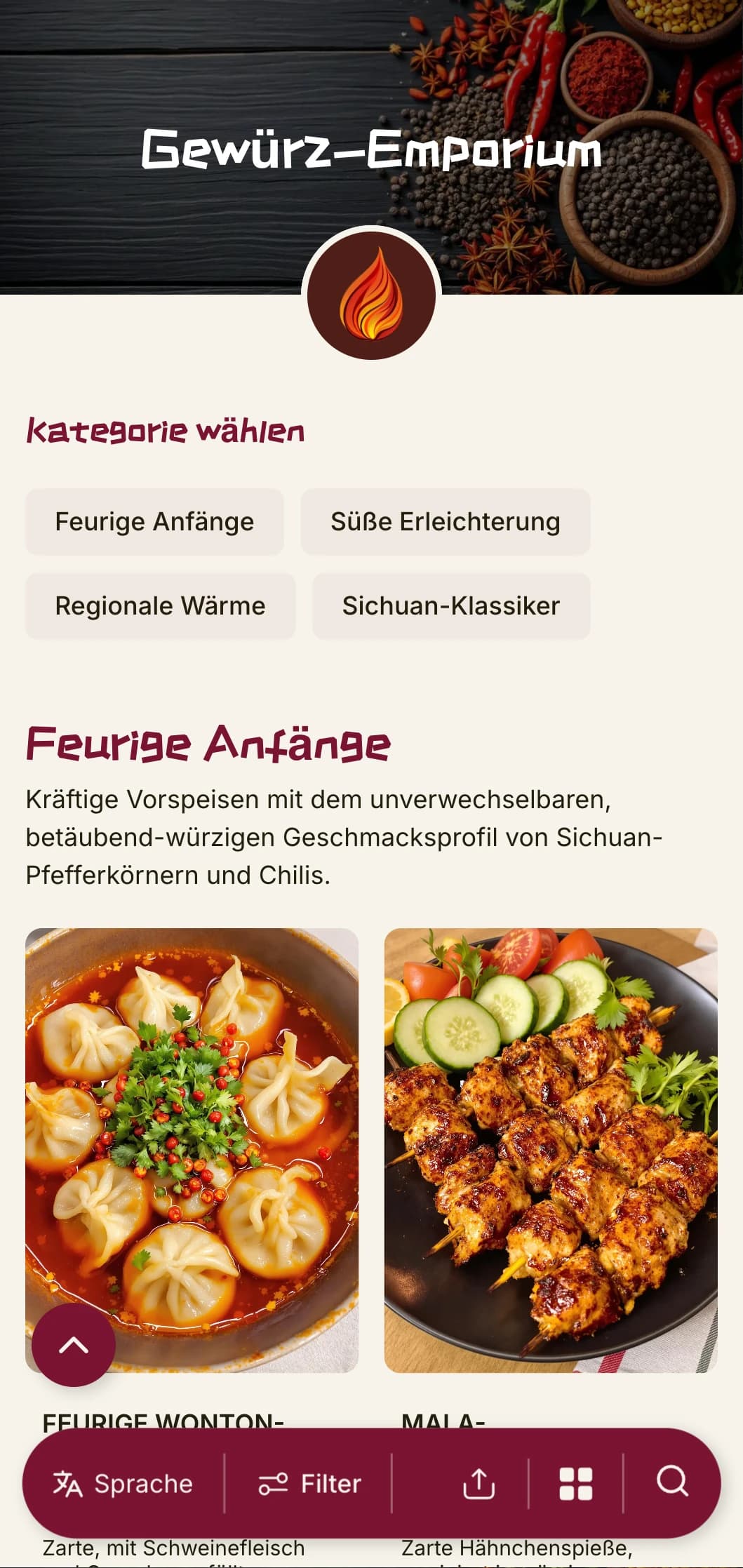 Lebendiges chinesisches Menüdesign, inspiriert von den Gewürztraditionen Sichuans und Hunans, mit kräftigen Farben für authentische regionale Küche.