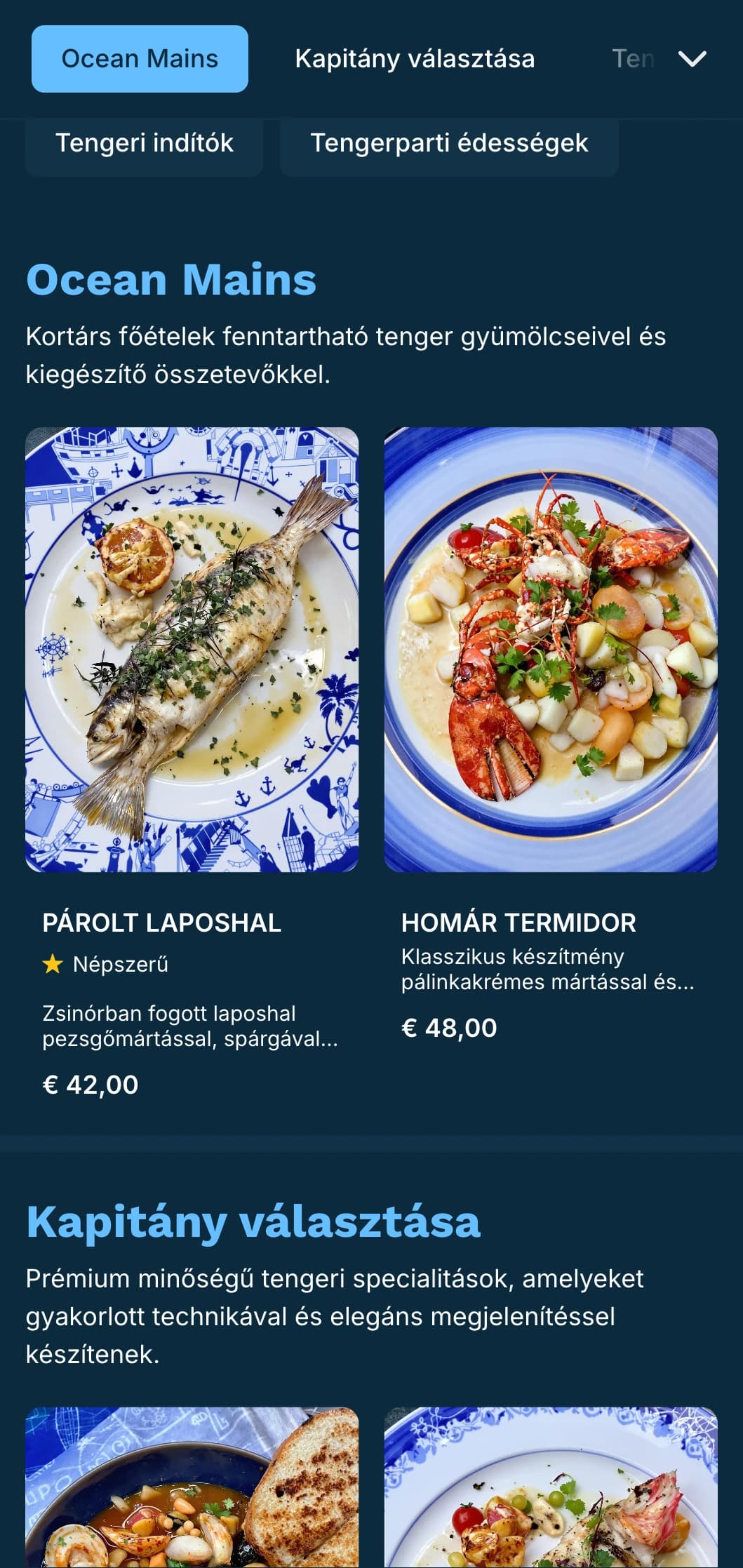 Egy ropogós, kék tónusú, tengerészeti hatásokkal rendelkező vacsora menü, amely tökéletes az előkelő tengeri éttermek számára.